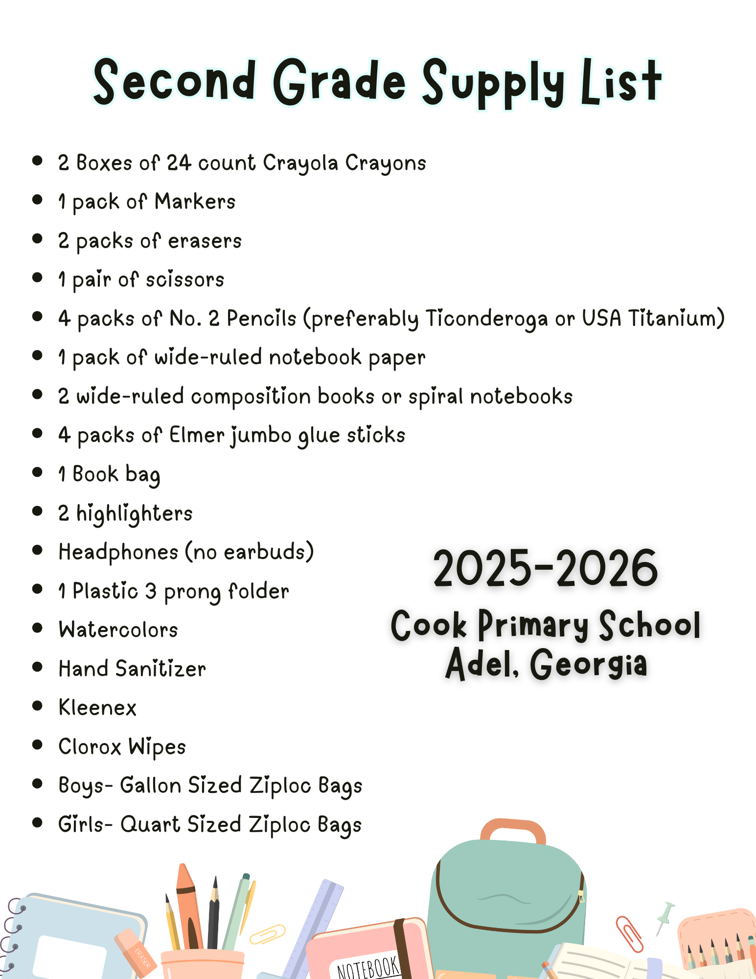 Second Grade Supply List