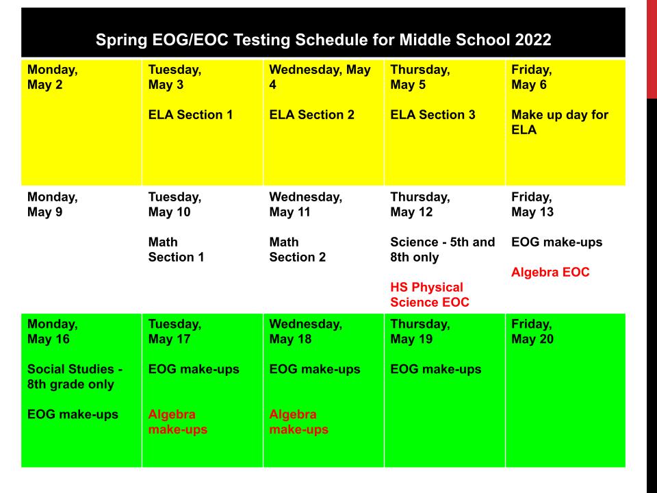 2022 EOG/EOC Testing Schedule