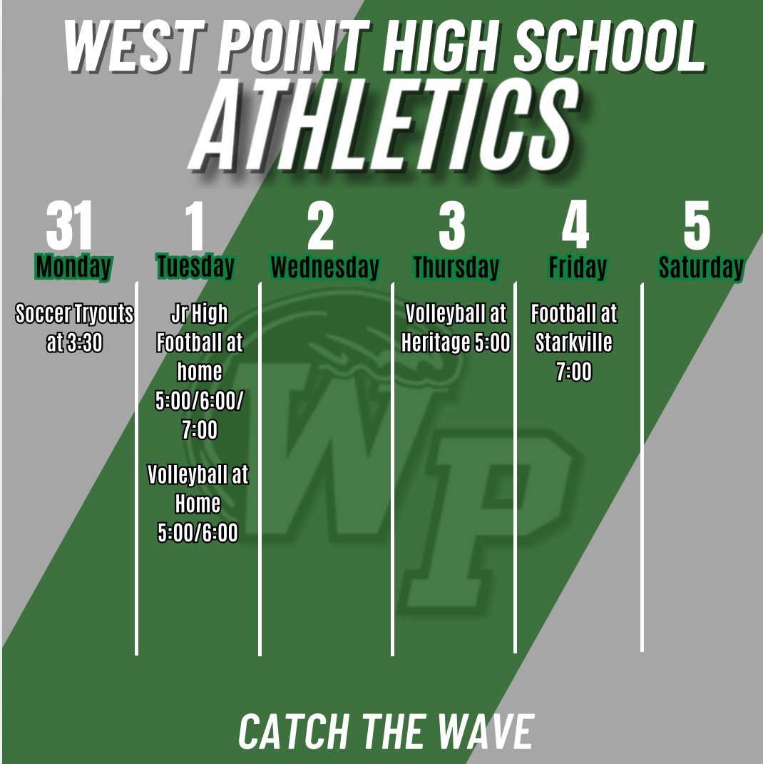West Point High School Athletics Catch the Wave weekly schedule for August 31 through September 5 featuring soccer tryouts, junior high football, volleyball, and varsity football.