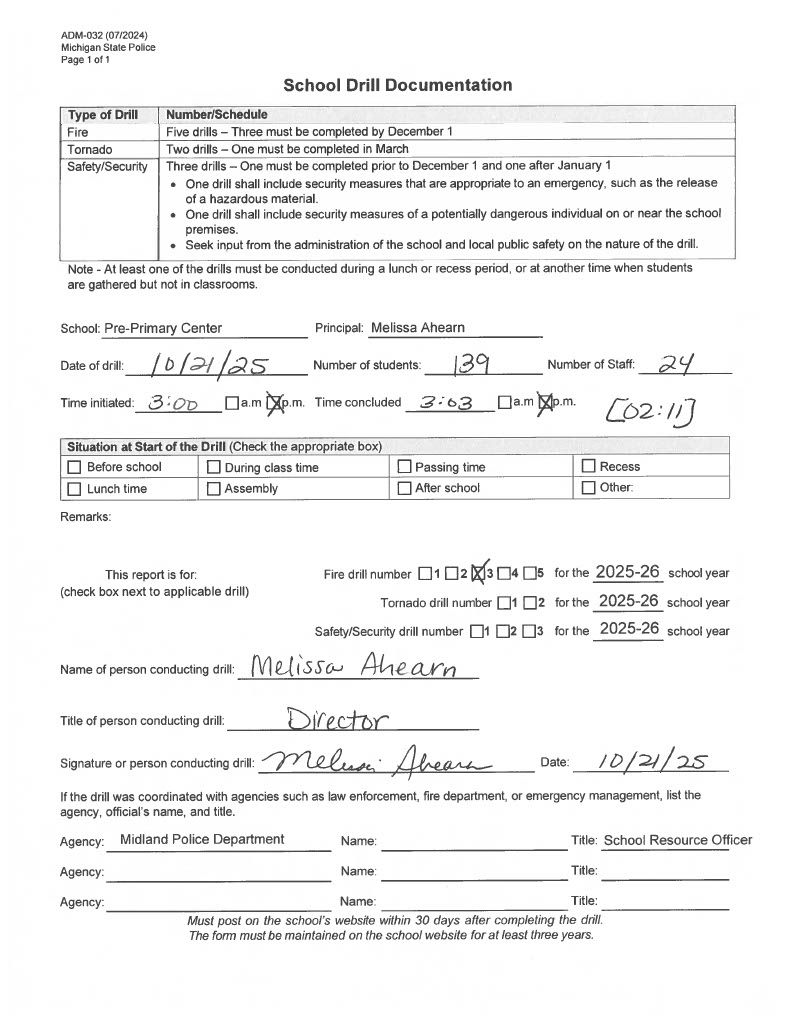 Form for Carpenter Pre-Primary second fire drill of 2025-2026