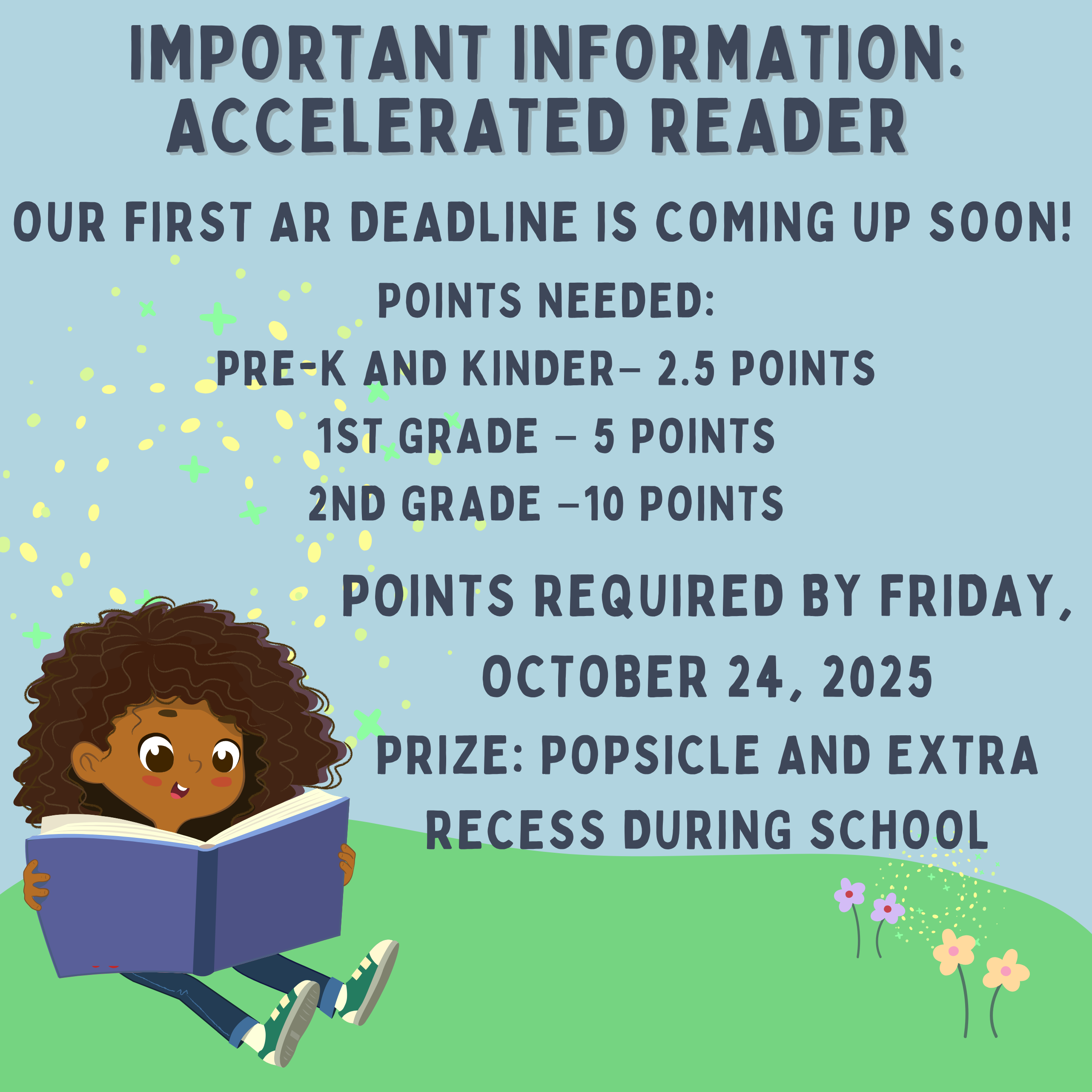 AR first deadline is October 24. pOINTS NEEDED: Pre-K and Kinder– 2.5 points 1st Grade – 5 points 2nd Grade –10 points