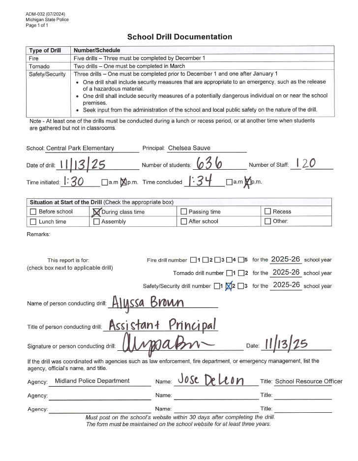 Form for Central Elementary's second safety drill of 2025-2026
