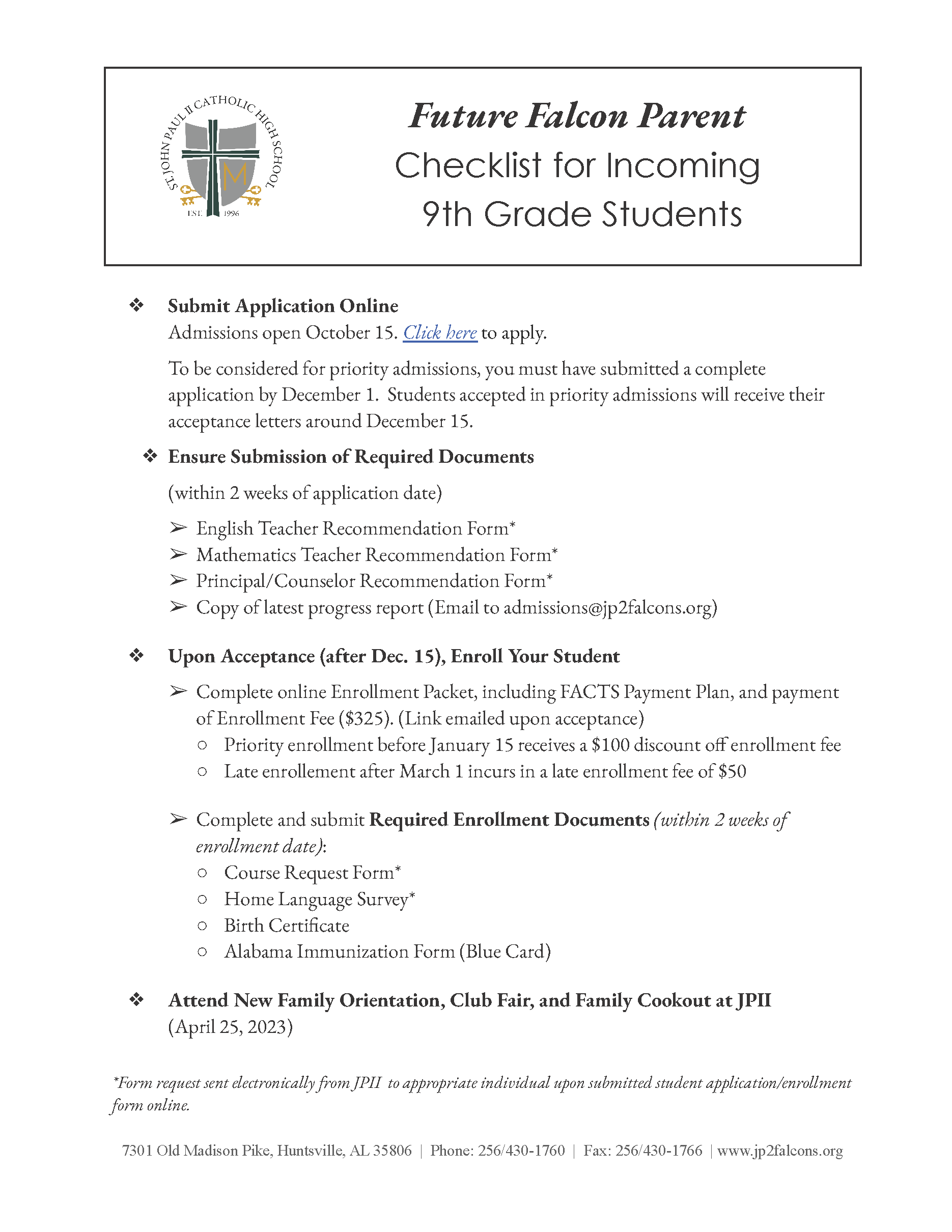Admissions Parent Checklist