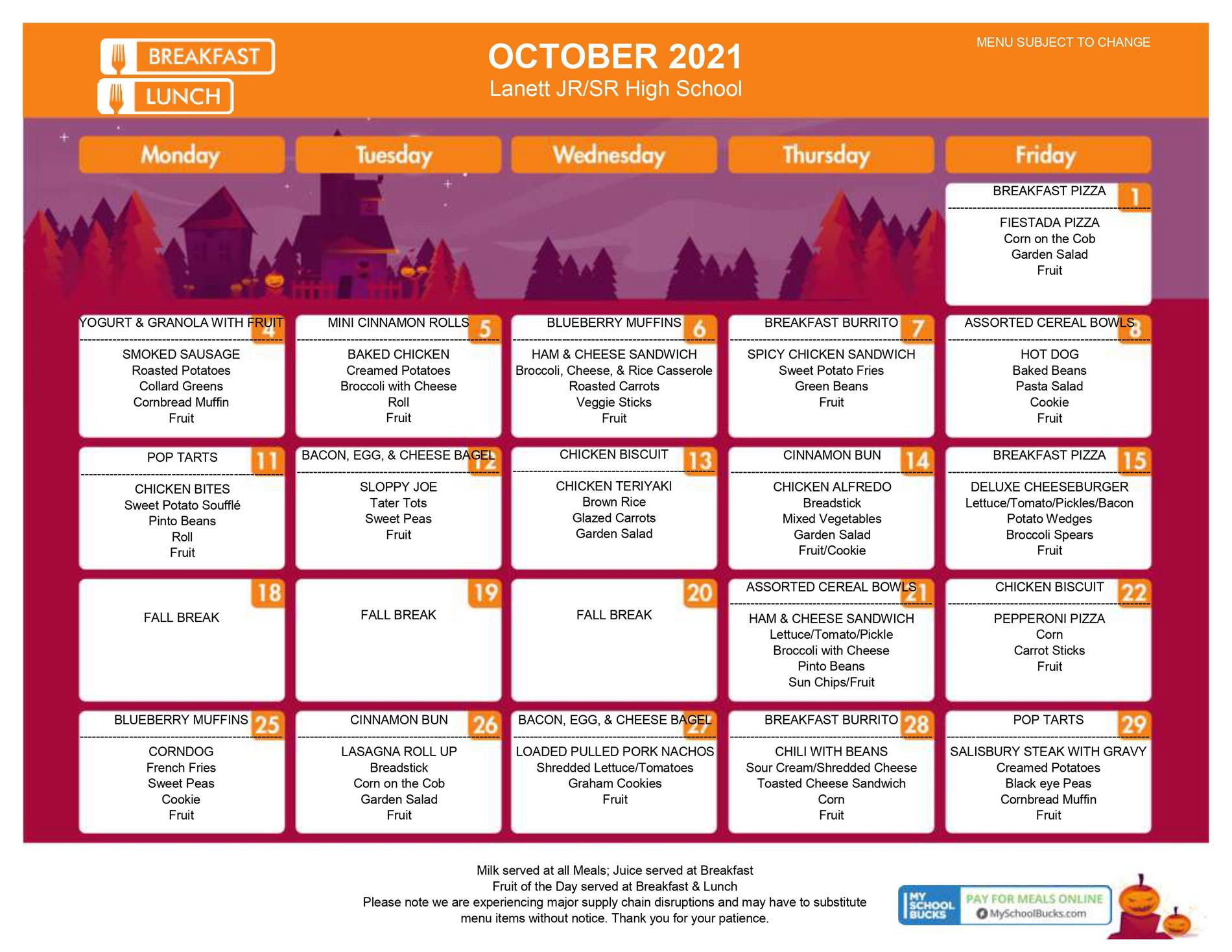 Oct 21 menu Oct 21 menu