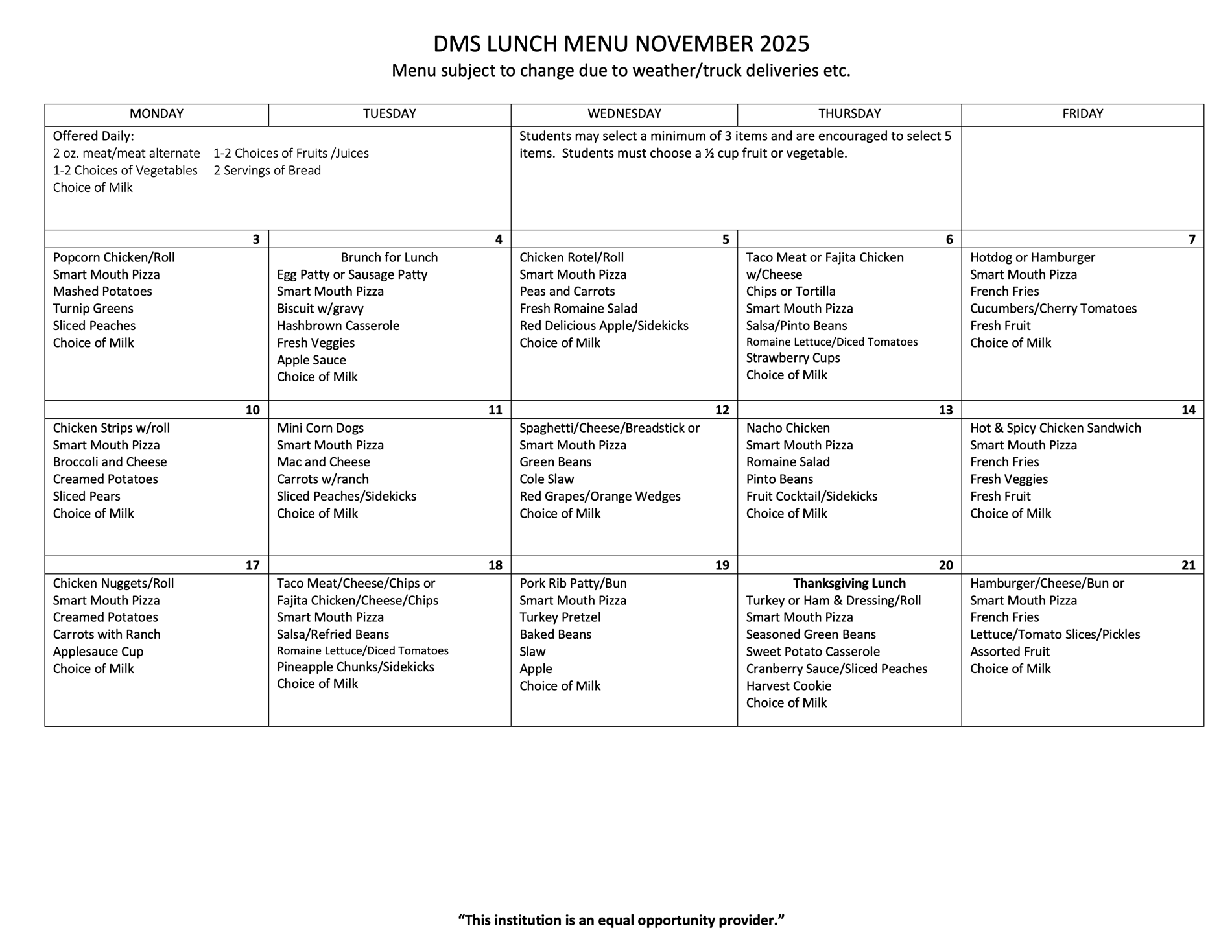 November Lunch Menu