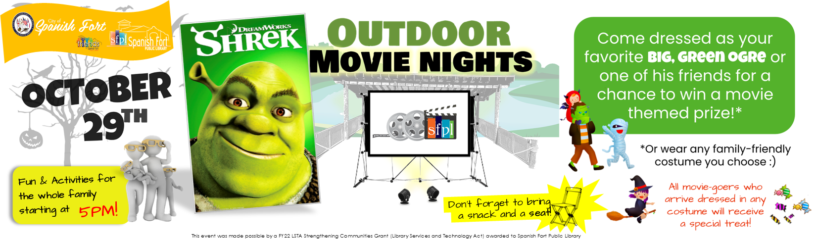 Join SFPL on the back lawn for the next installment of our 2022 Community movie series: SHREK! Outdoor lawn games and activites for all ages available at 5pm; movie starts after sunset