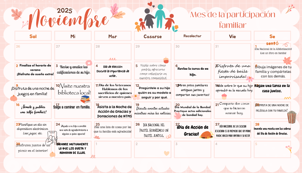 Family Engagement Month Calendar - Spanish Version