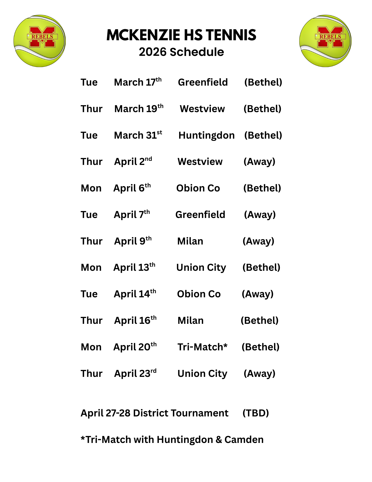 2026 Tennis Schedule