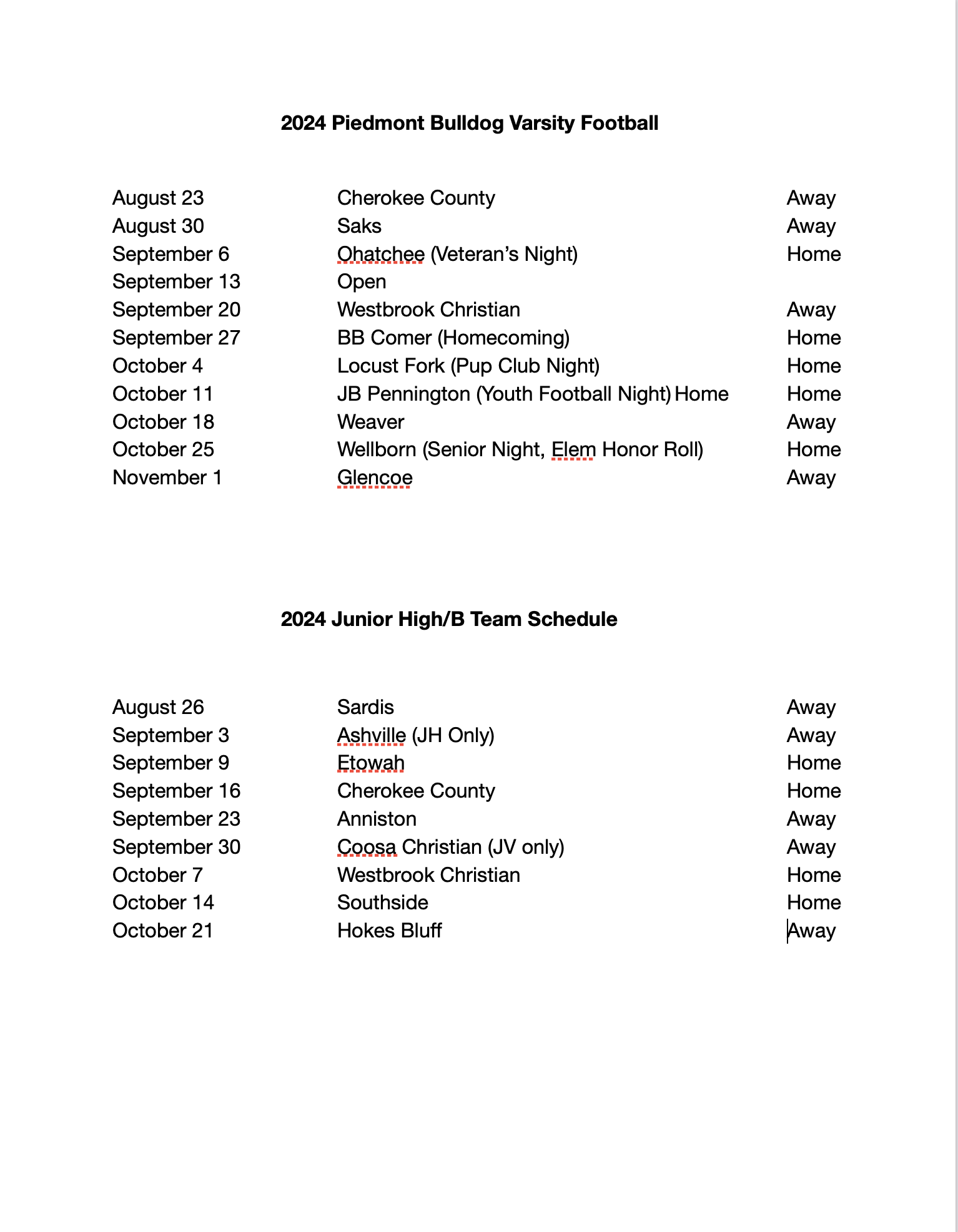 Football Schedule