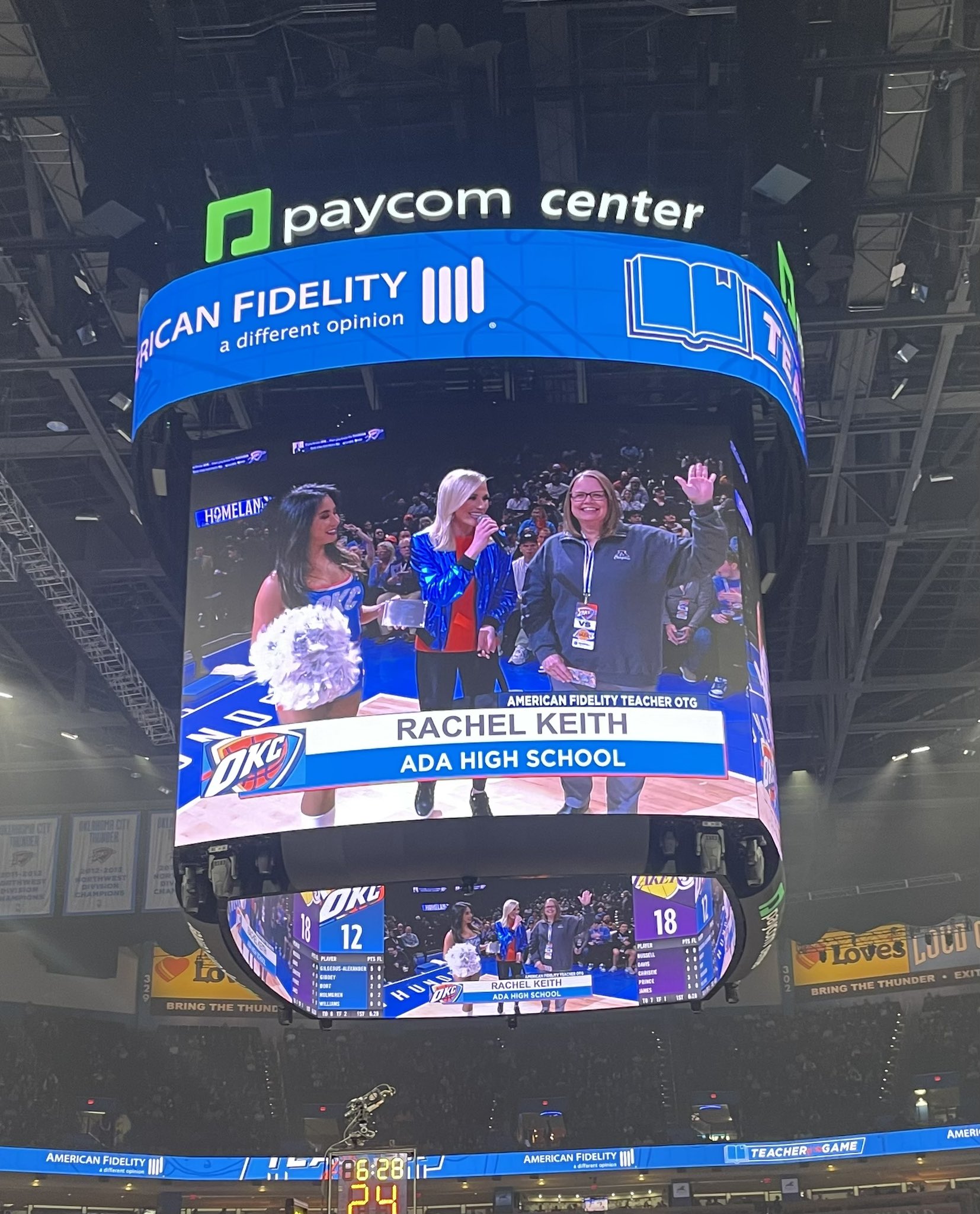 Ada District Teacher of the Year appears on the jumbotron at the O-K-C Thunder game.