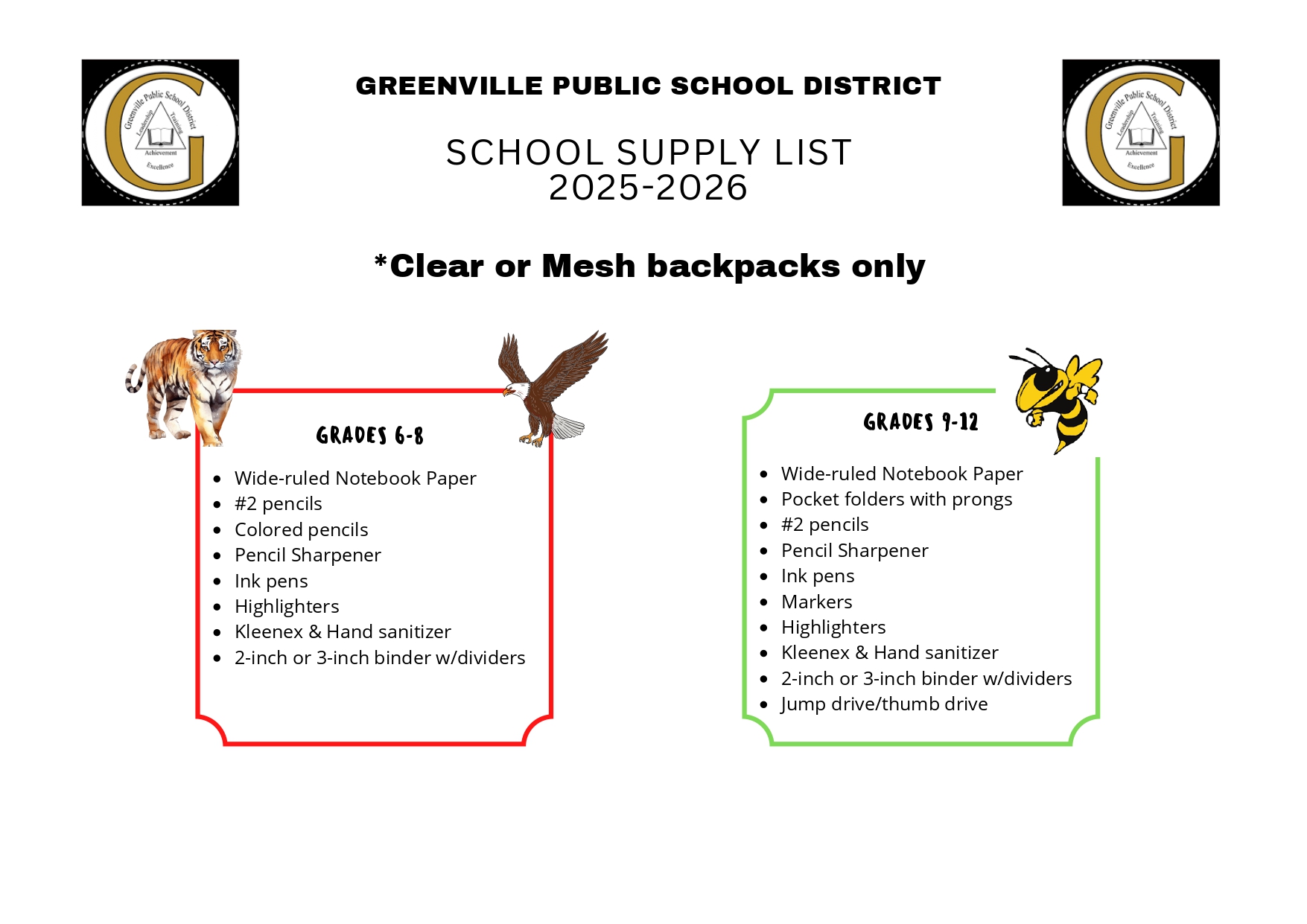 GPSD 6th - 8th School Supply List 25-26
