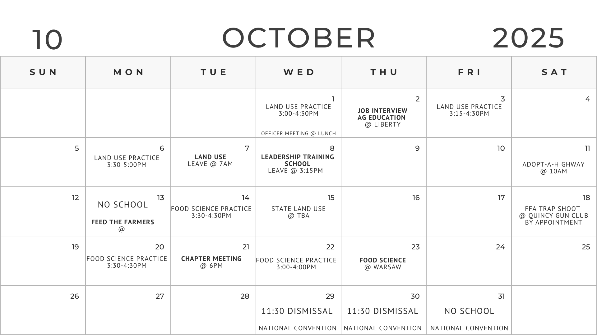 FFA Calendar October 2025