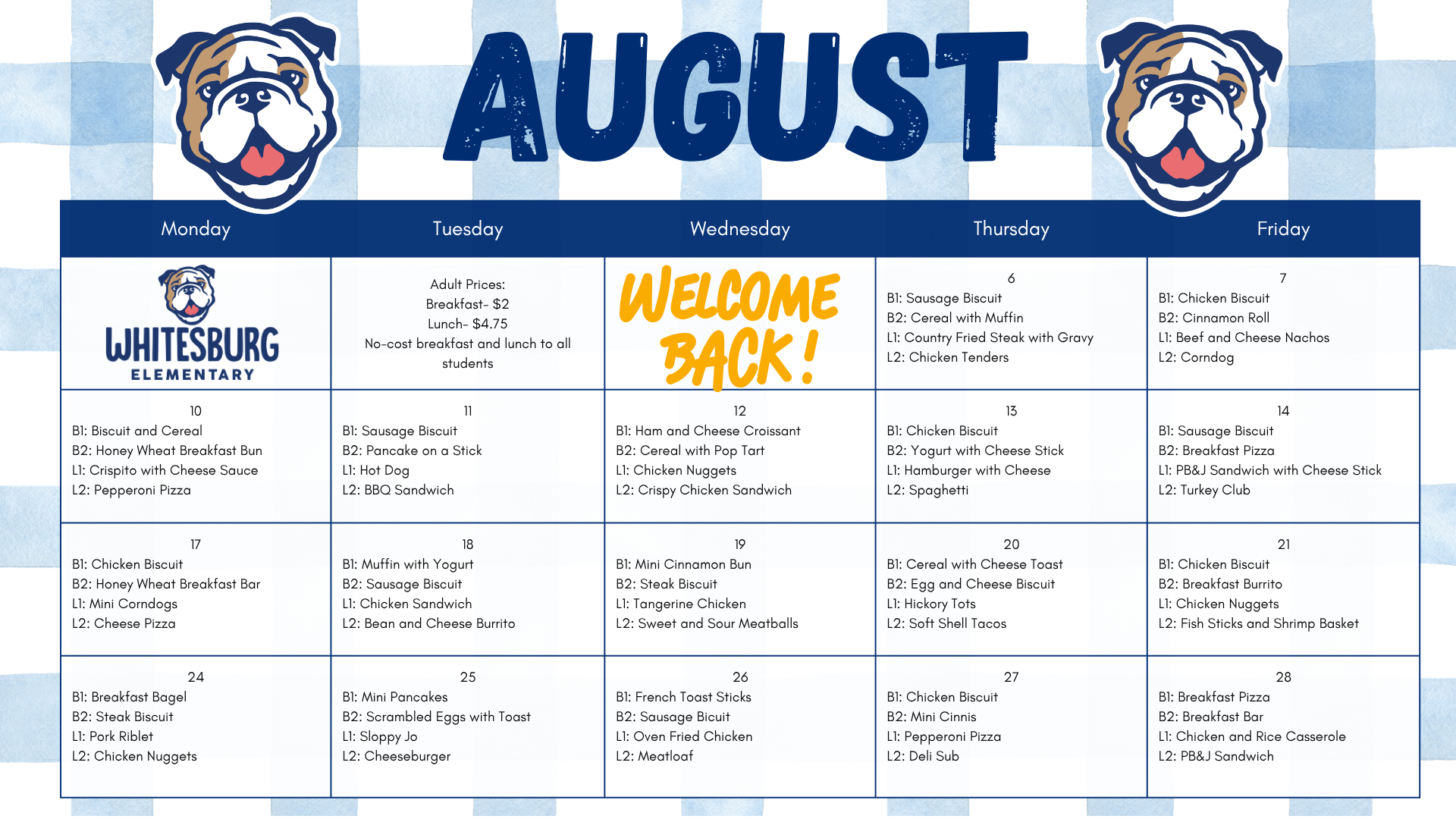 Whitesburg Elementary students are able to receive a breakfast and lunch at no cost. Adults breakfast is $2 and lunch is $4.75. The weekly menu is shared on the parent bulletin and it is posted in the cafeteria. 