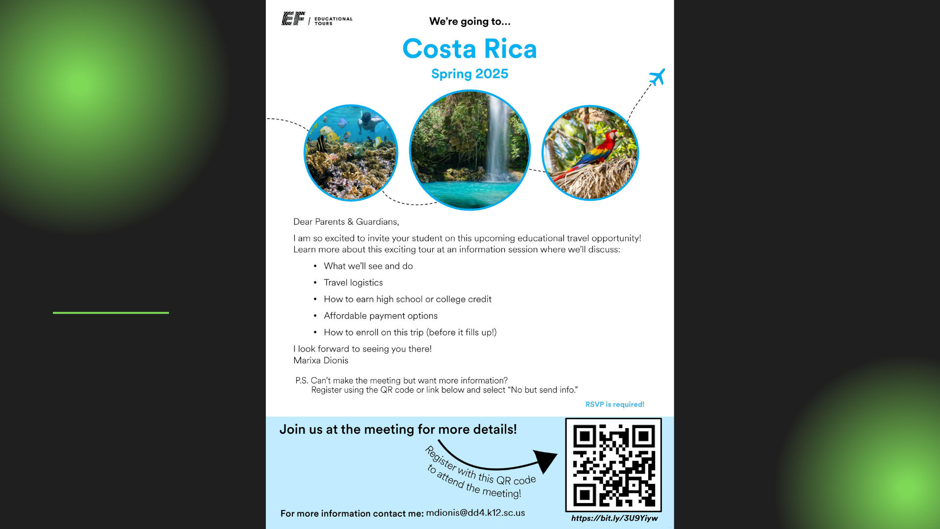 2025 SPRING TRIP TO COSTA RICA - CONTACT MRS DIONIS FOR DETIALS 