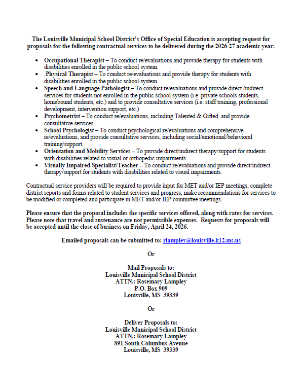 The Louisville Municipal School District’s Office of Special Education is accepting request for proposals for the following contractual services to be delivered during the 2026-27 academic year: