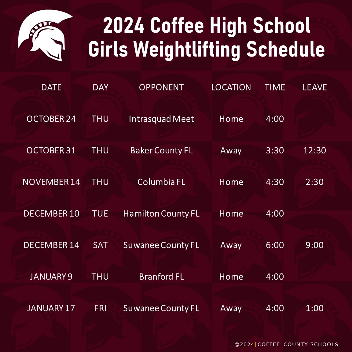 2024-2025 Coffee High School Girls Weightlifting Schedule