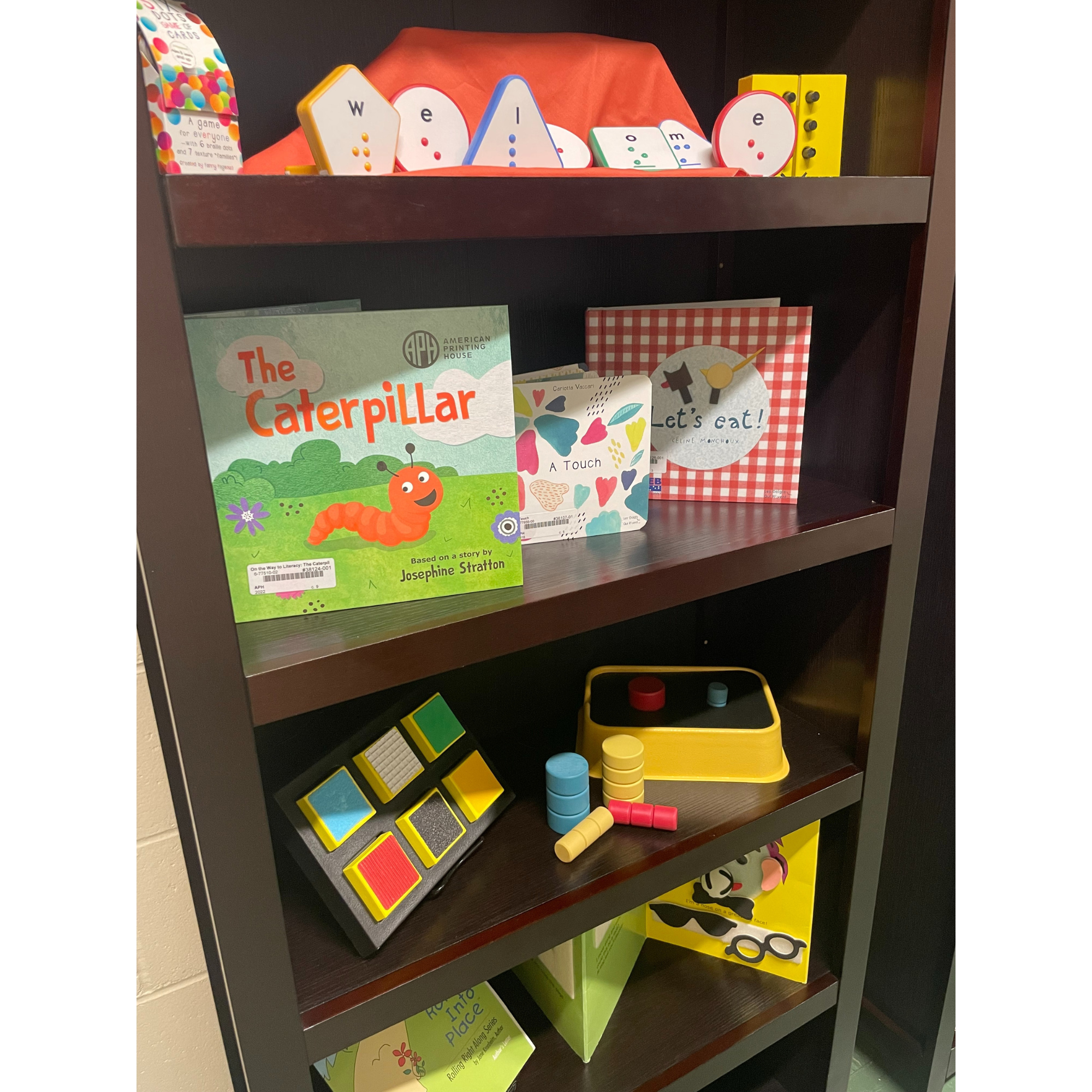 Books and educational toys for visually impaired on a bookshelf, including 'The Caterpillar' book, tactile board books, a shape and texture matching toy, stacking pegs, and a 'welcome' sign in braille.