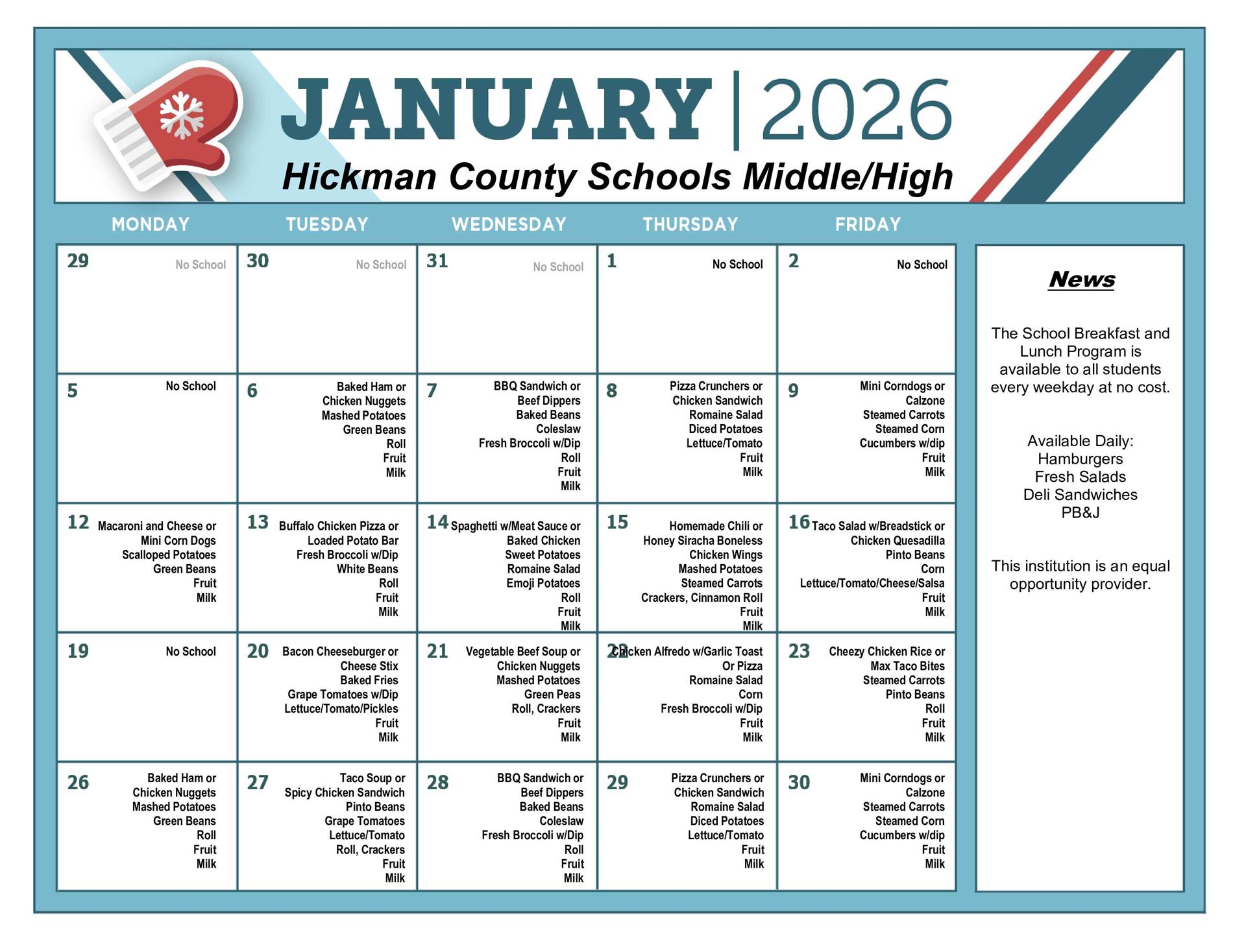 January daily lunch calendar for Middle & High School