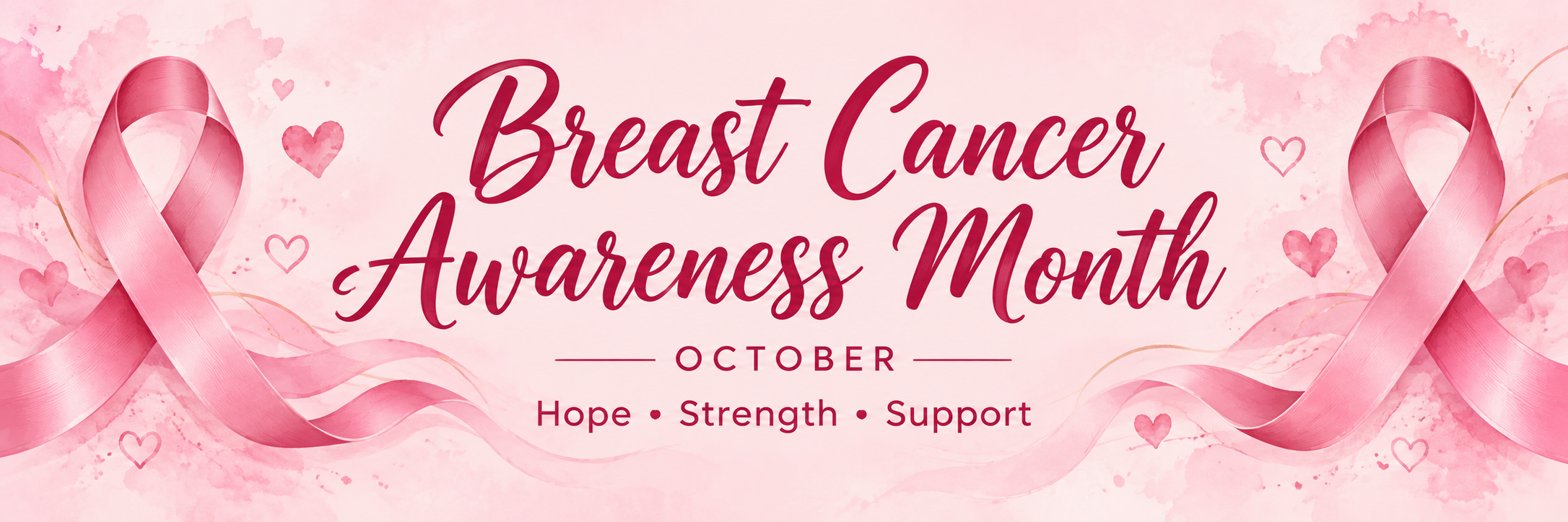 Pink web banner reading “Breast Cancer Awareness Month,” “October,” and “Hope • Strength • Support,” with pink awareness ribbons and hearts on a soft watercolor background.