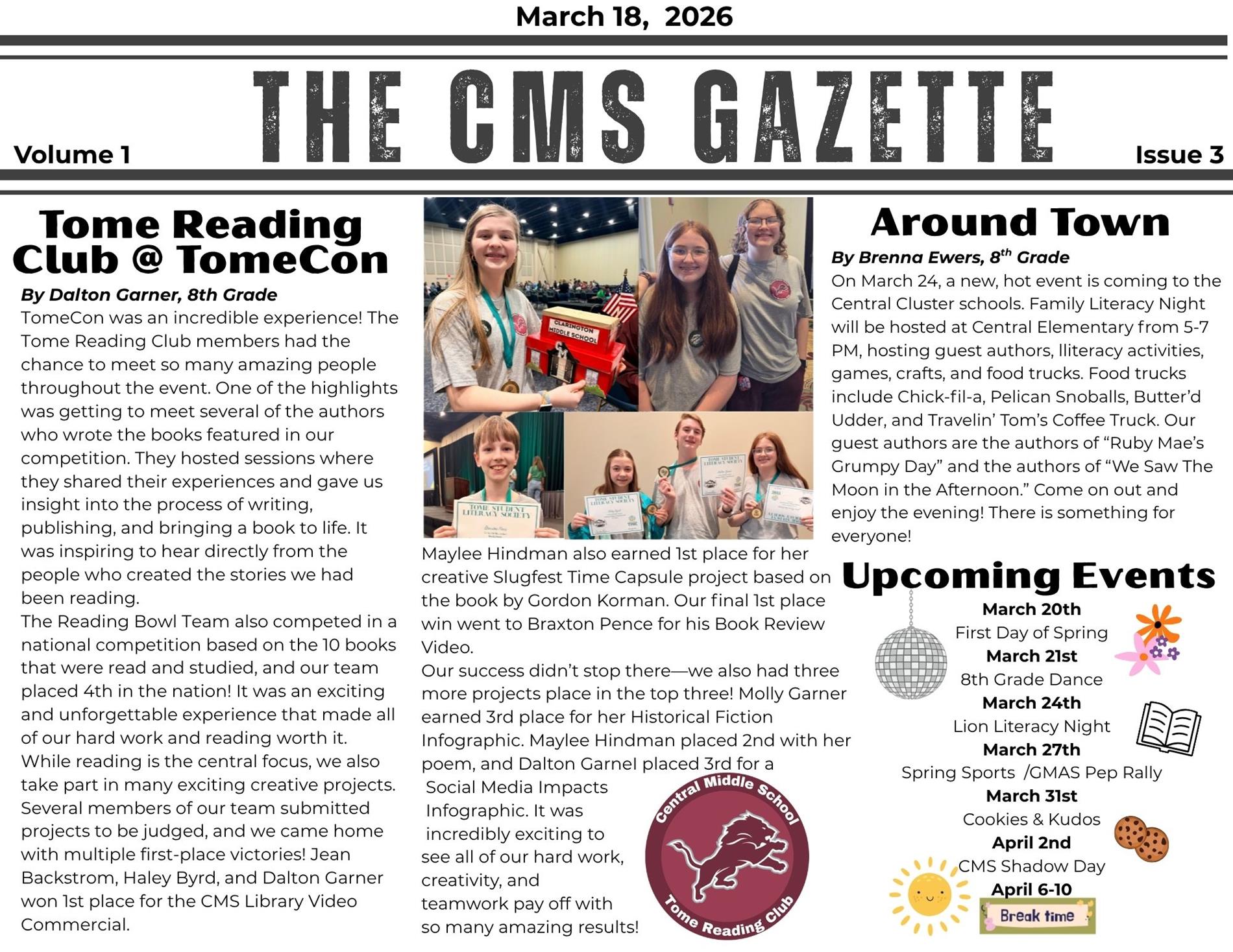 issue 3 page 1 of the cms gazette.  spotlight ontome club winning at tomecon