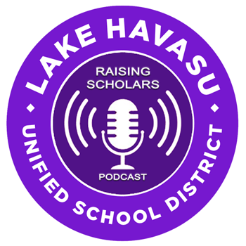 LHUSD logo with microphone in the center for Raising Scholars podcast