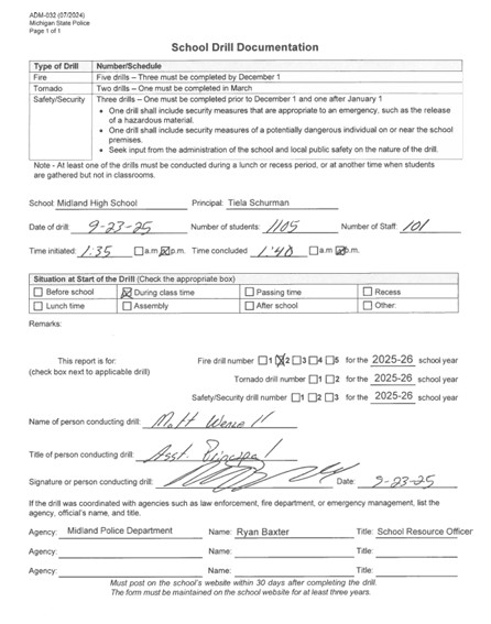 Form for Midland High's second fire drill of 2025-2026 Form for Midland High's second fire drill of 2025-2026