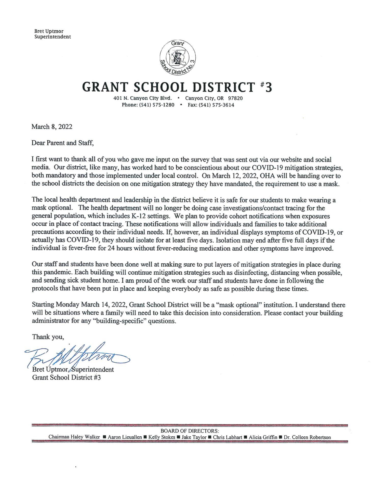 Letter from Superintendent 3-8-22