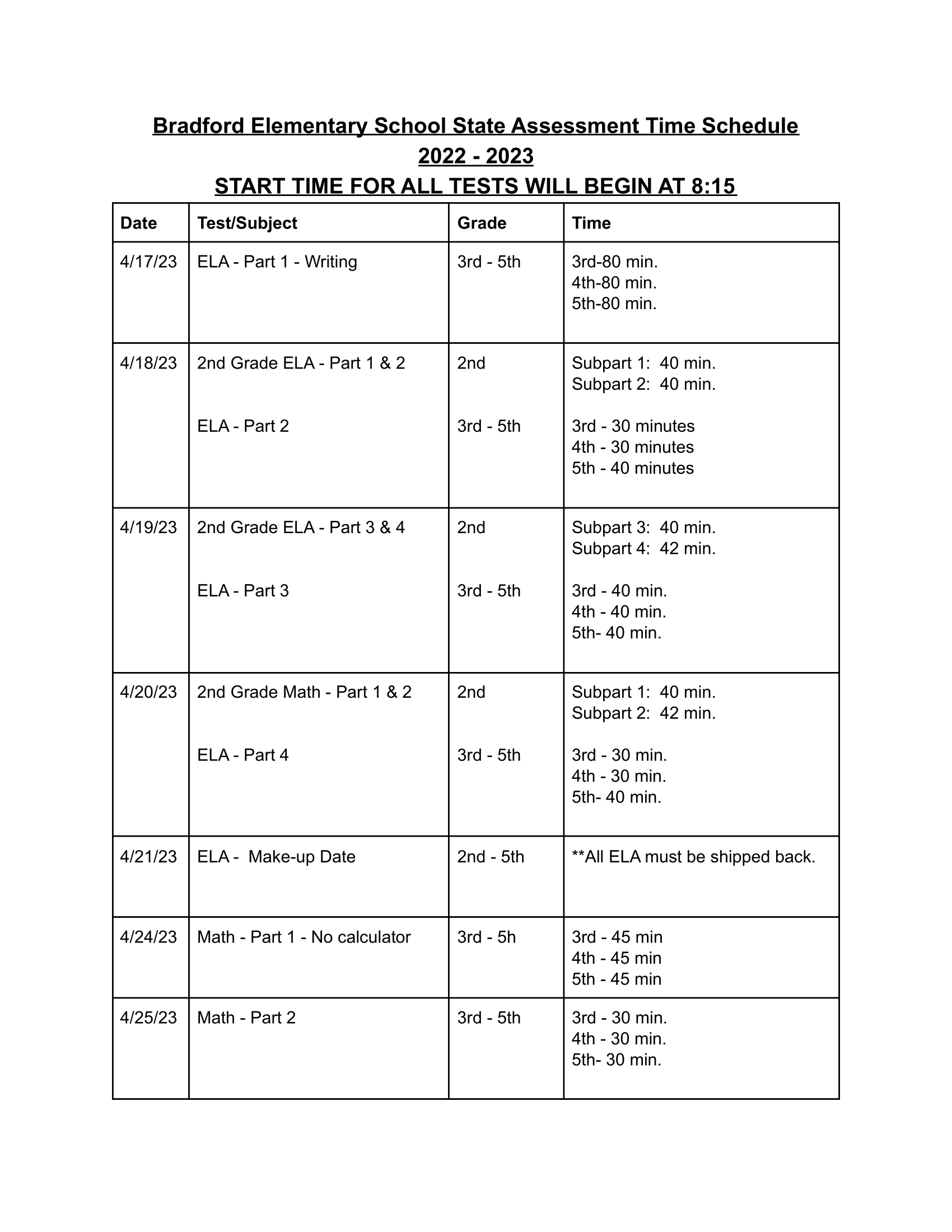 20222023 Elementary Assessment Calendar