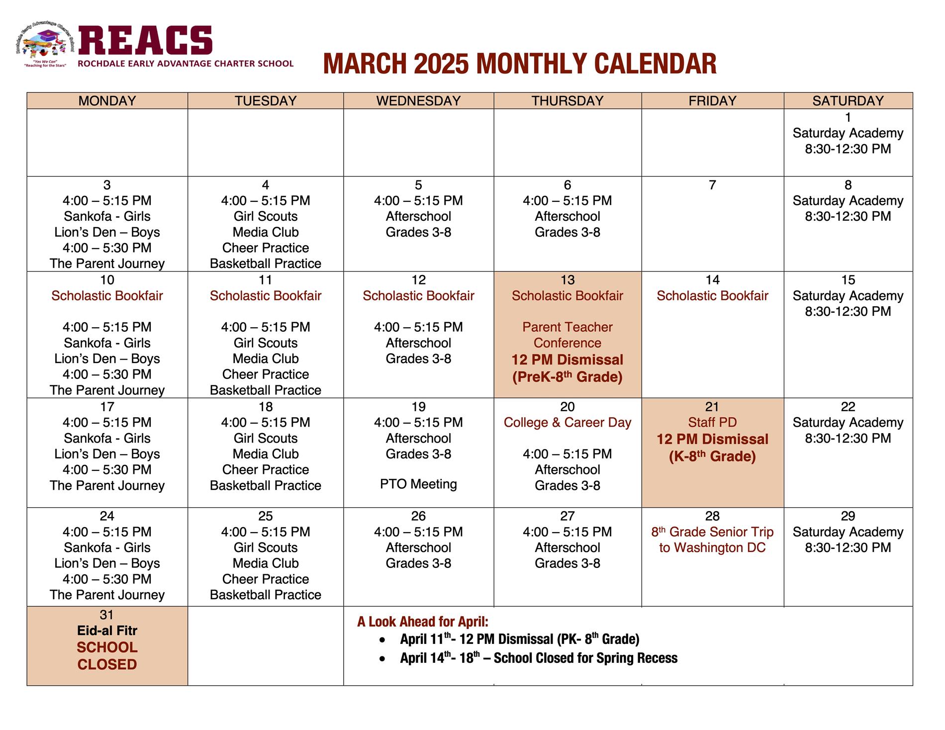 March Monthly Calendar