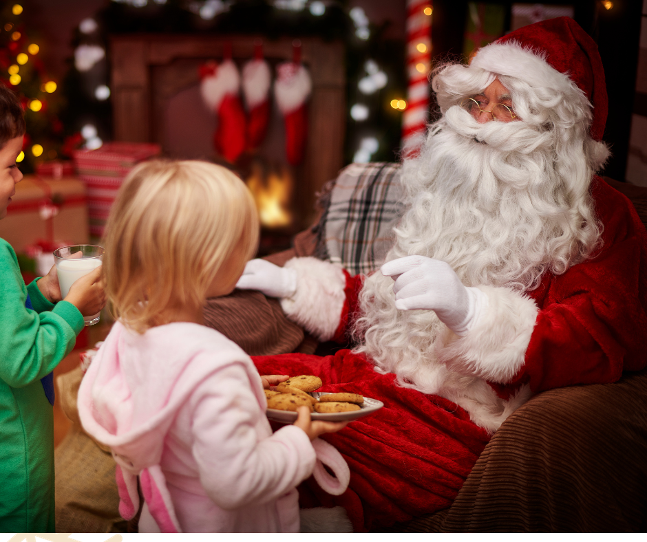 Santa with children eating pancakes in christmas scene