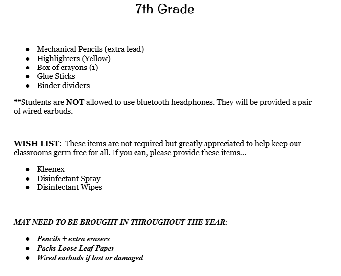 7th Grade Supply List 7th Grade Supply List