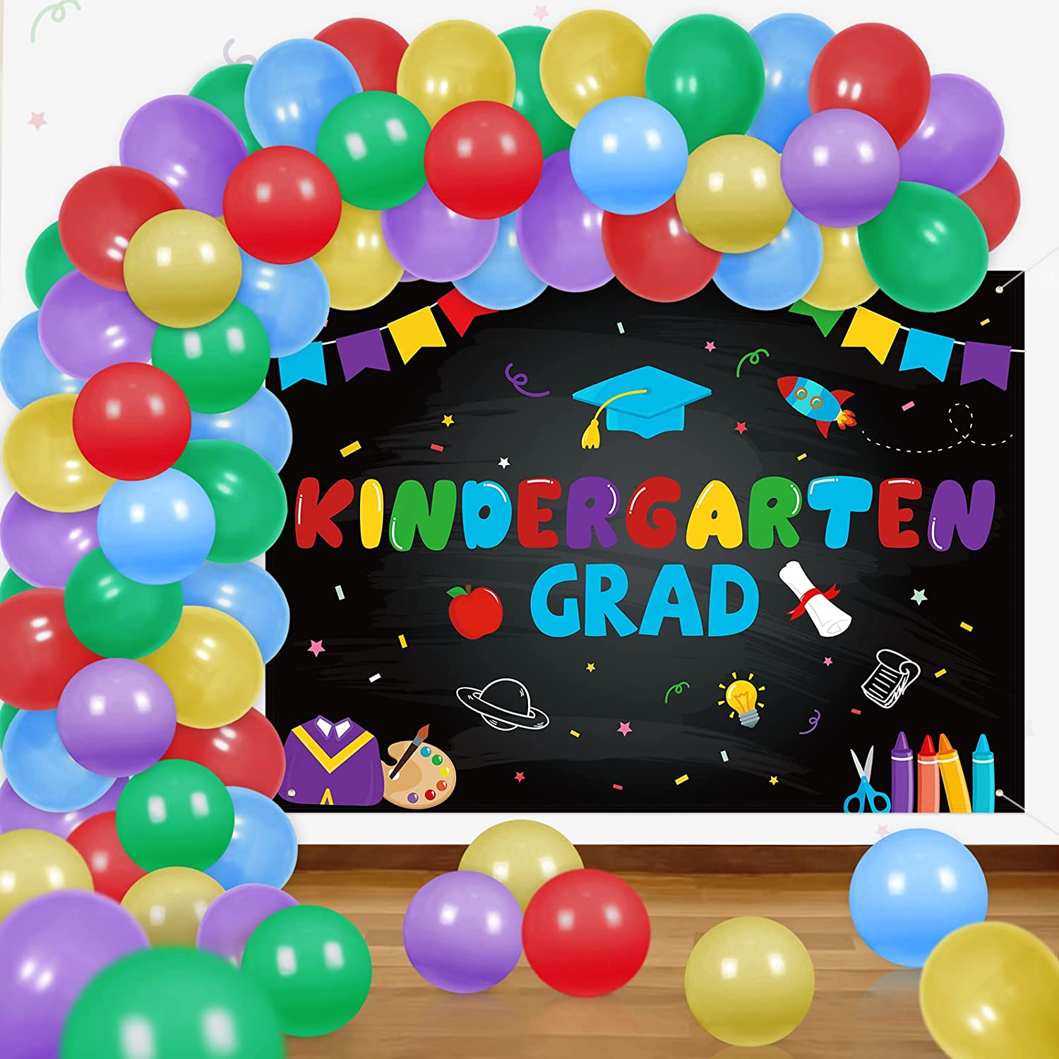Balloons around chalkboard kindergarten grad
