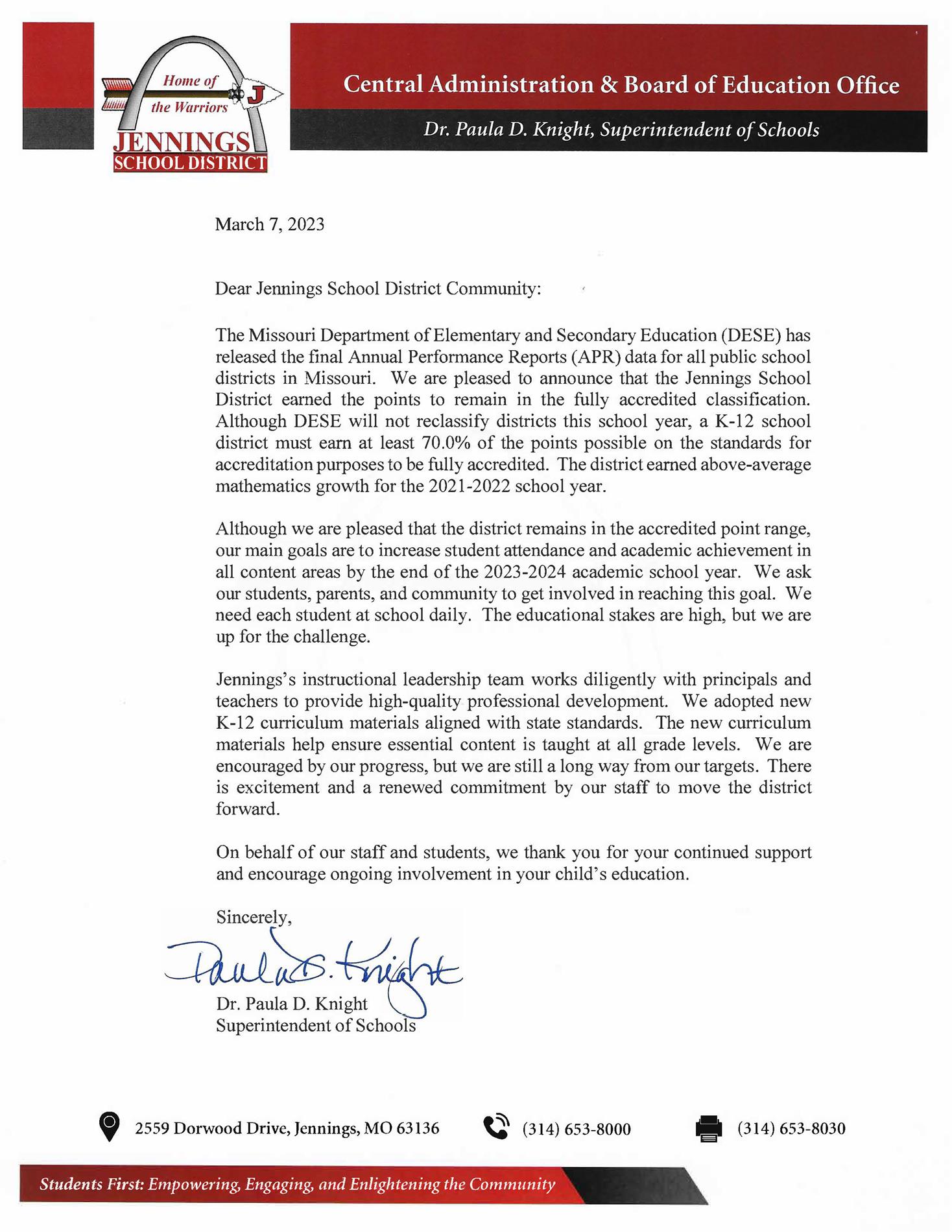 APR Letter - Jennings School District