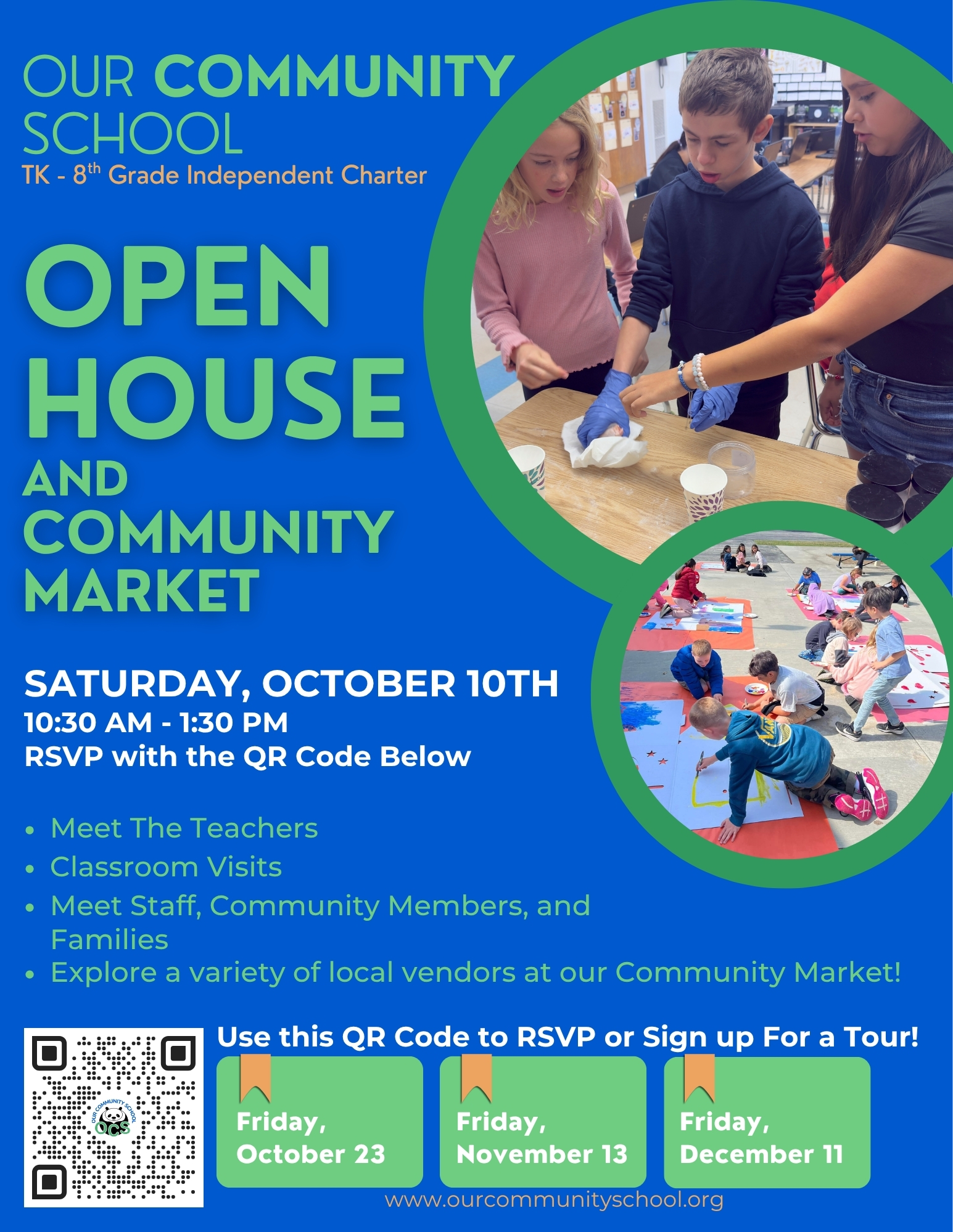 Invitation to the OCS Open House with images of kids working on school projects