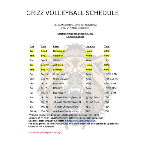 GRIZZ VB SCHEDULE