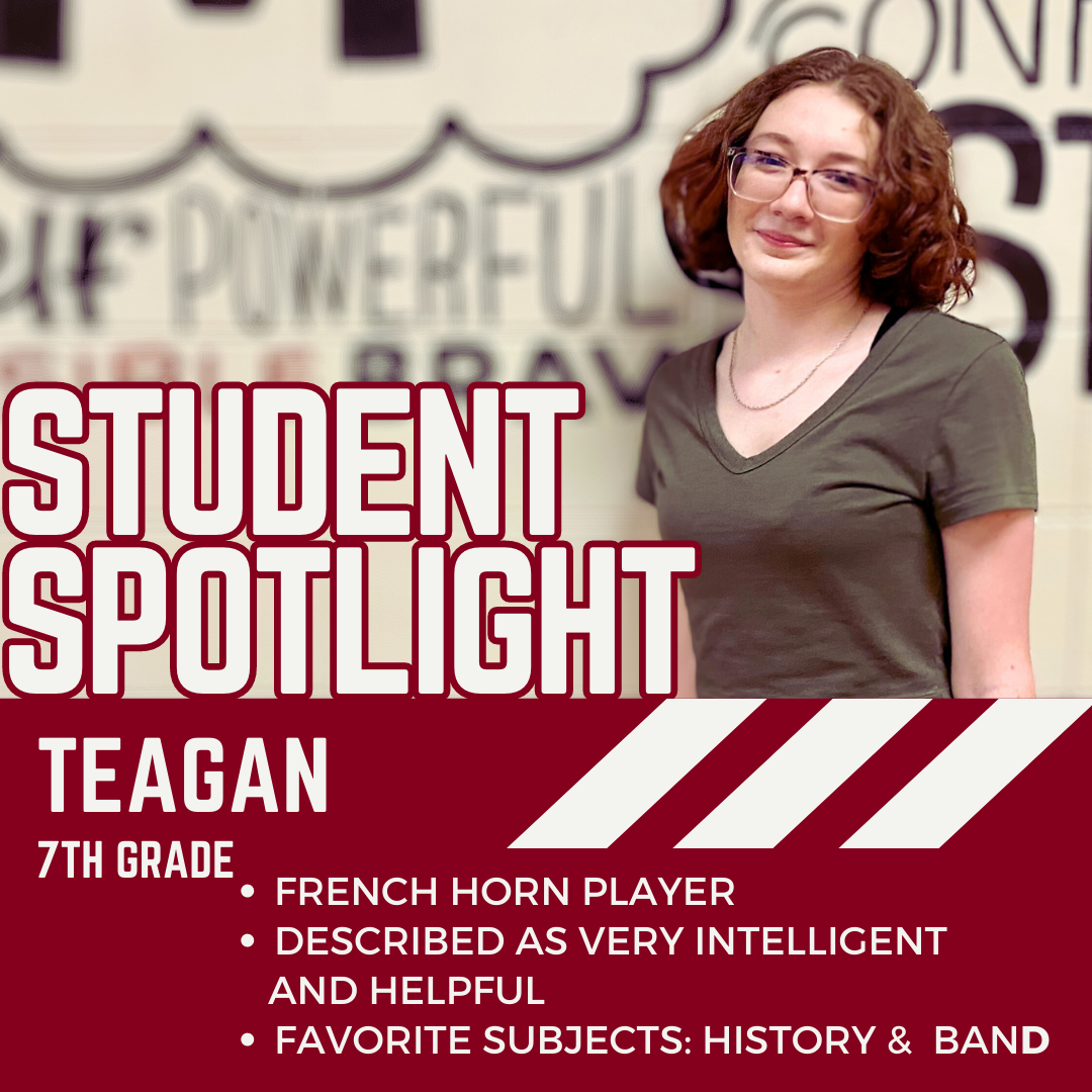 TEagan standing in front of a mural "Student spotlight, Teagan, 7th grade, French horn player, intelligent and dependable, favorite class: Band