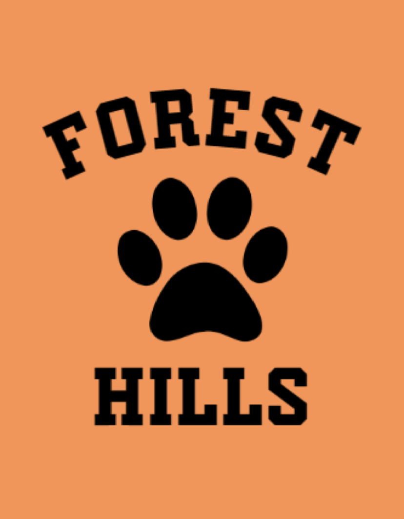 Orange Background  the word Forest Hills  in black with a black tiger paw 