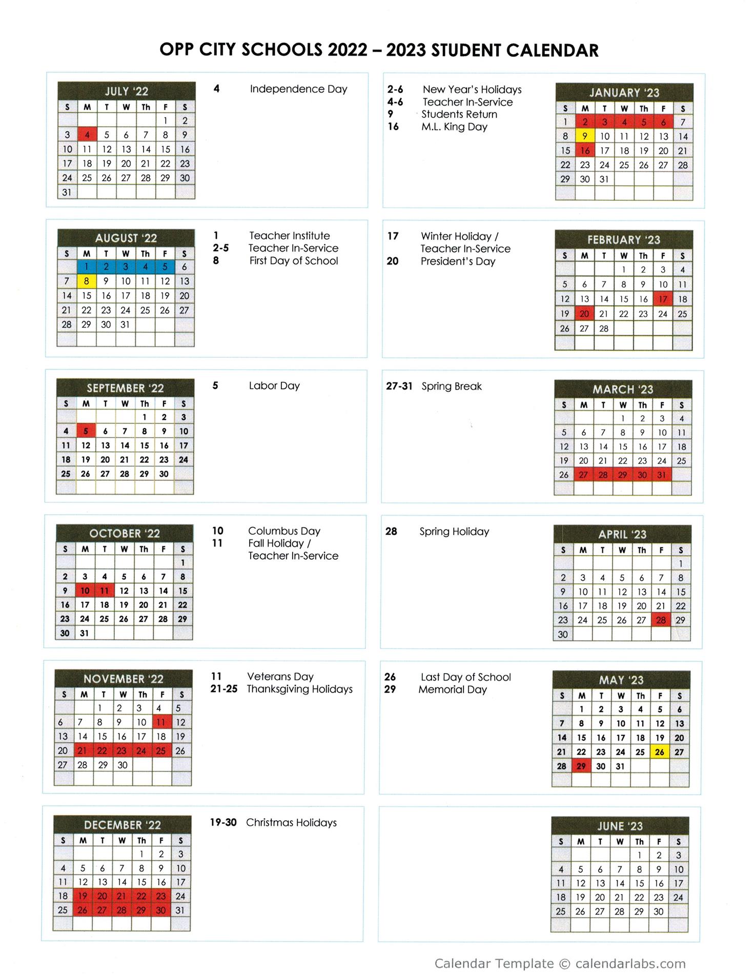 Opp City Schools Calendar 2022 - 2023
