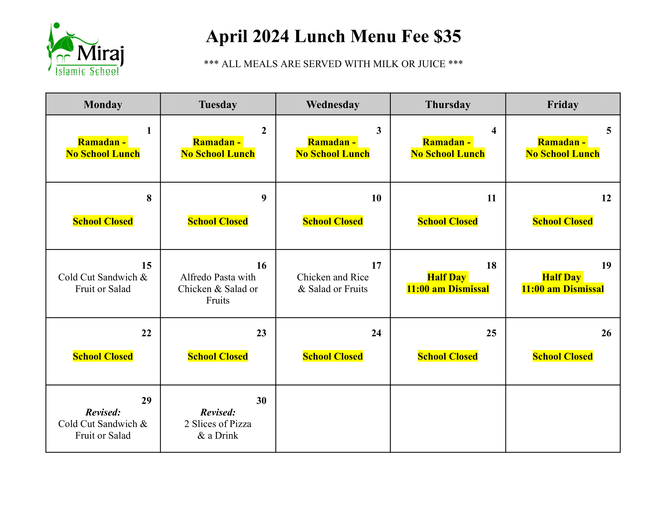 April 2024 Lunch Menu