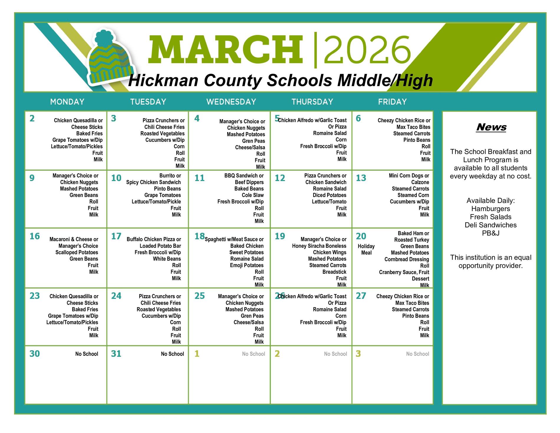 Lunch menus for the middle and high schools