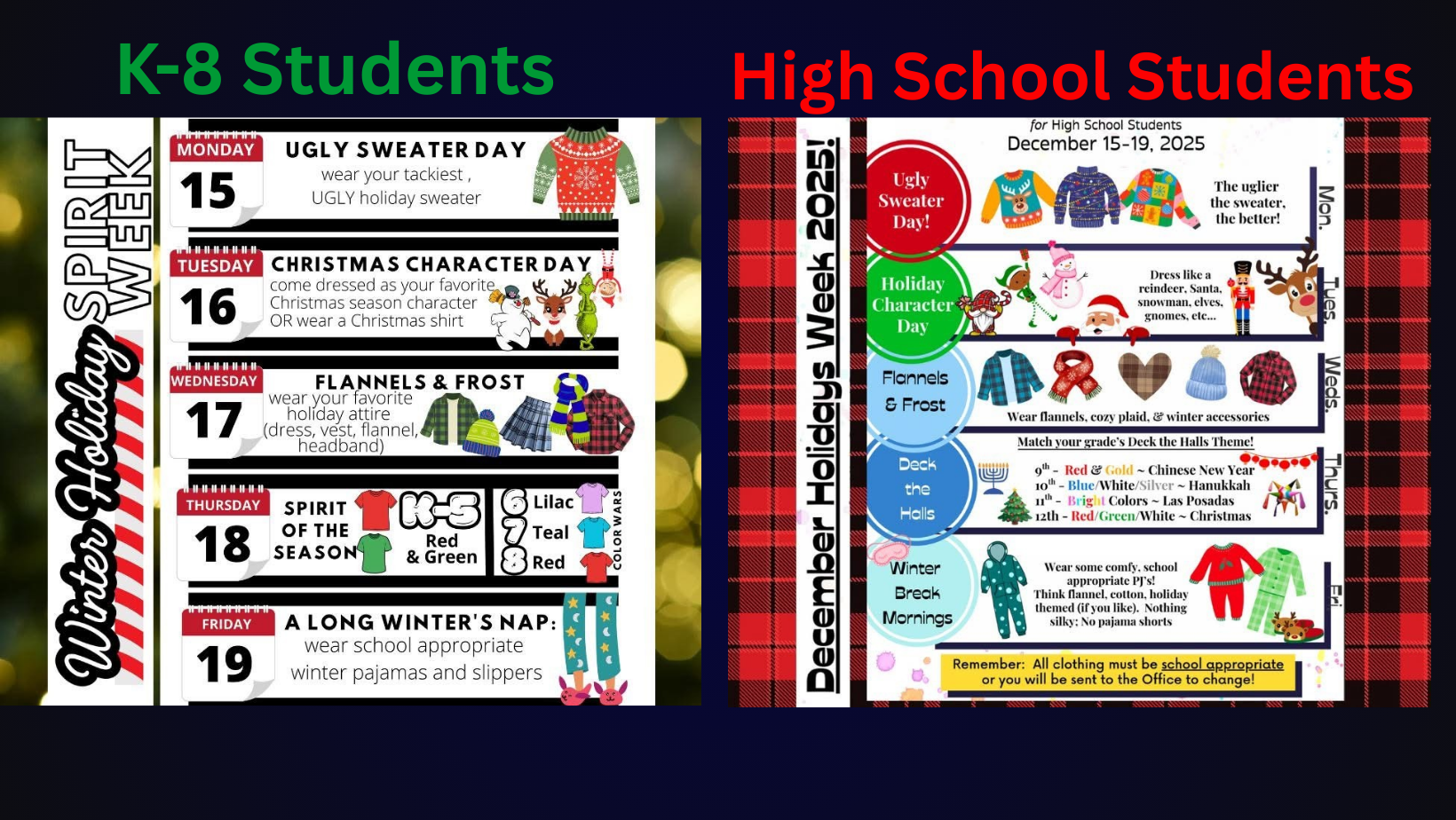 Winter Spirit Week for k-8 and 9-12