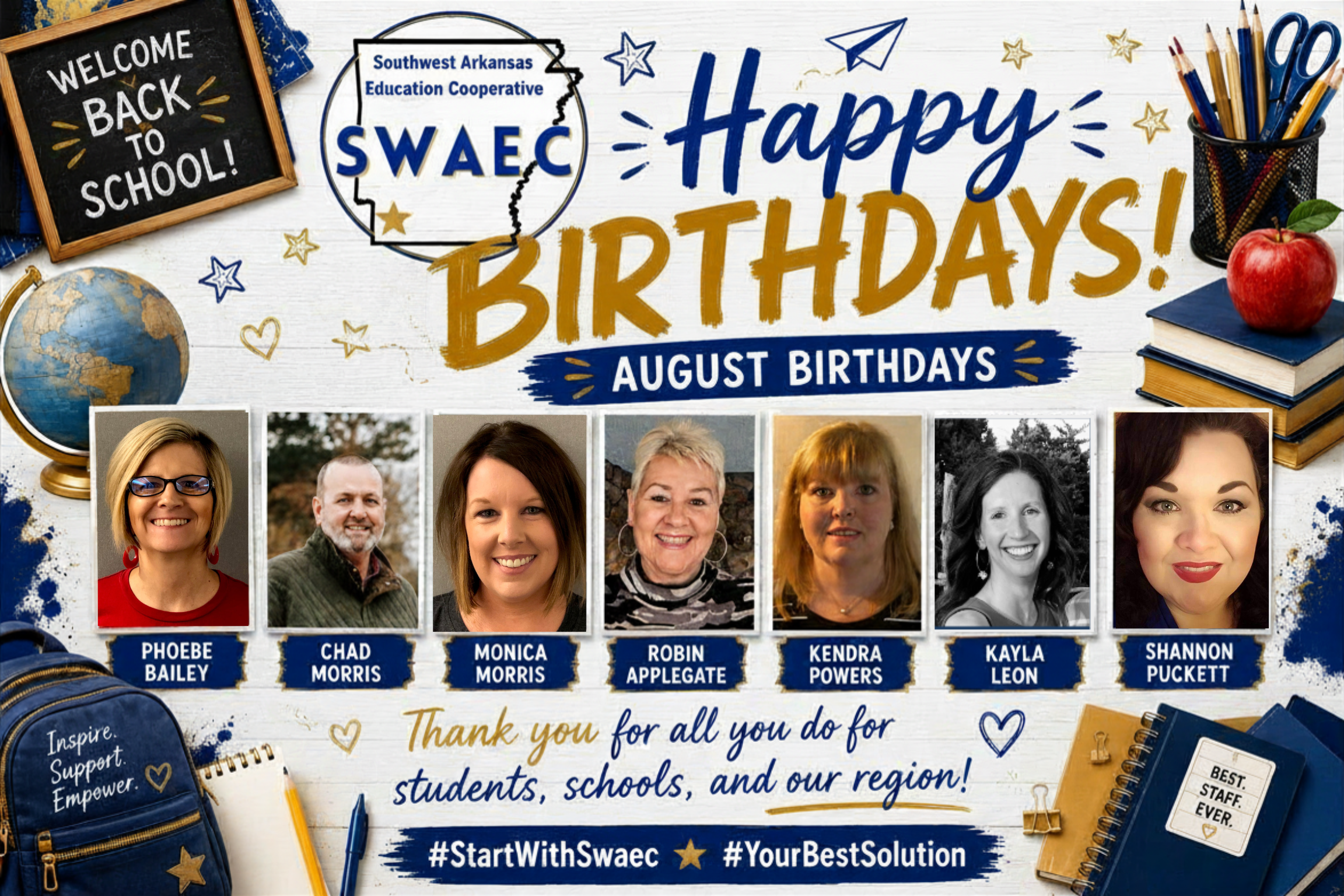 **Alt text (WCAG 2.1 AA compliant):**  Green birthday graphic reading “Happy Birthday.” Decorative shamrocks, gold coins, and a pot of gold appear around three staff photos labeled: Hannah Ward, Jenny Smead, and Jamaya Parker.