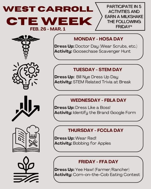 CTE Week Sign with dress up days and activities with each CTE group represented on its specifici day