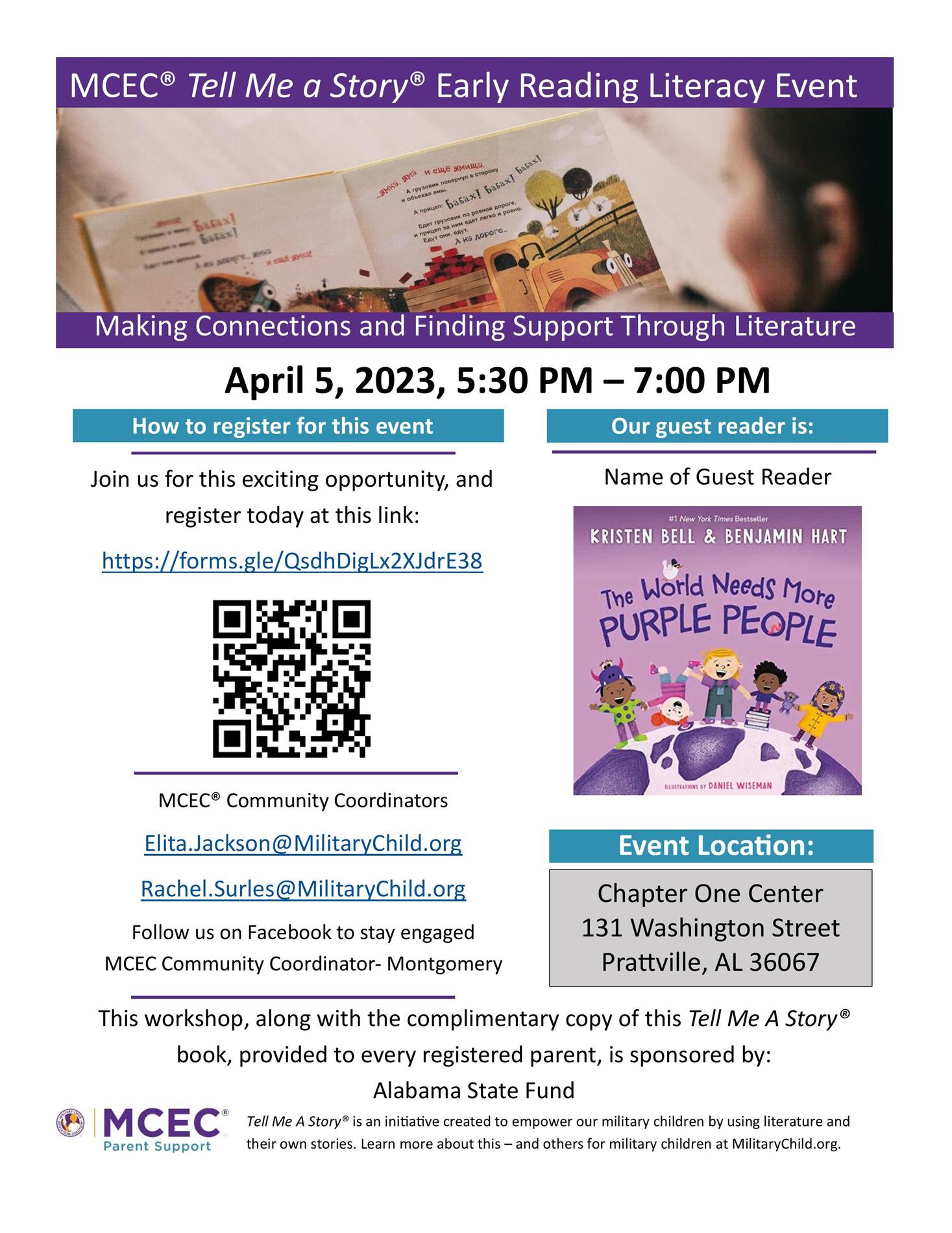 Early reading literacy event for military families. April 5, 2023. 5:30 pm until 7:00 pm. Location is the Chapter One Center, 131 Washington Street, Prattville, AL. You can register at this link. https://forms.gle/QsdhDigLx2XJdrE38 