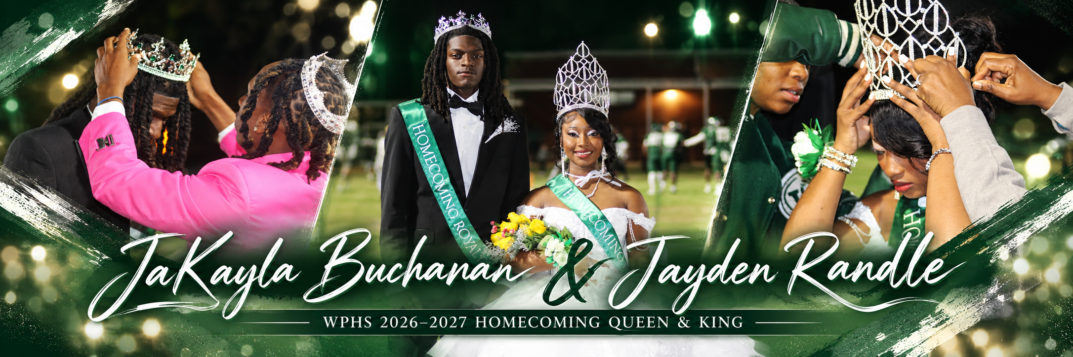 WPHS 2026–2027 Homecoming King Jayden Randle and Homecoming Queen JaKayla Buchanan pose together on the football field wearing crowns and green Homecoming Royalty sashes.