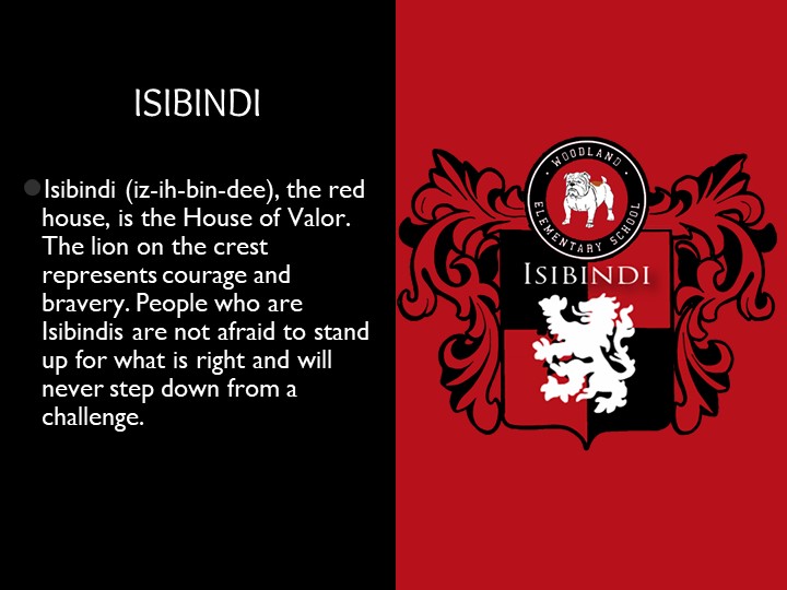 Isbindi House Crest Red and Vlack with a white lion. Stands for bravery and courage