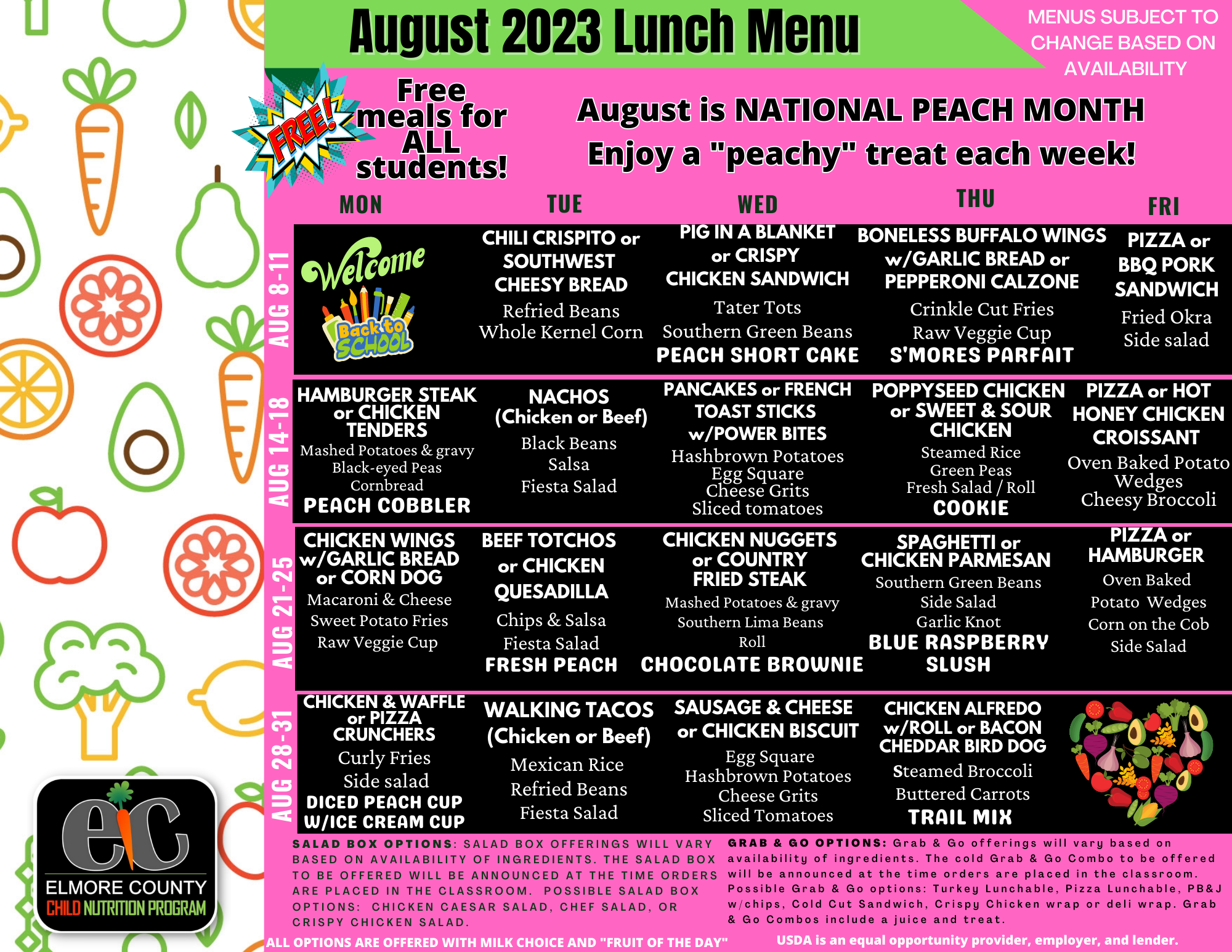 August 2023 Lunch Menu