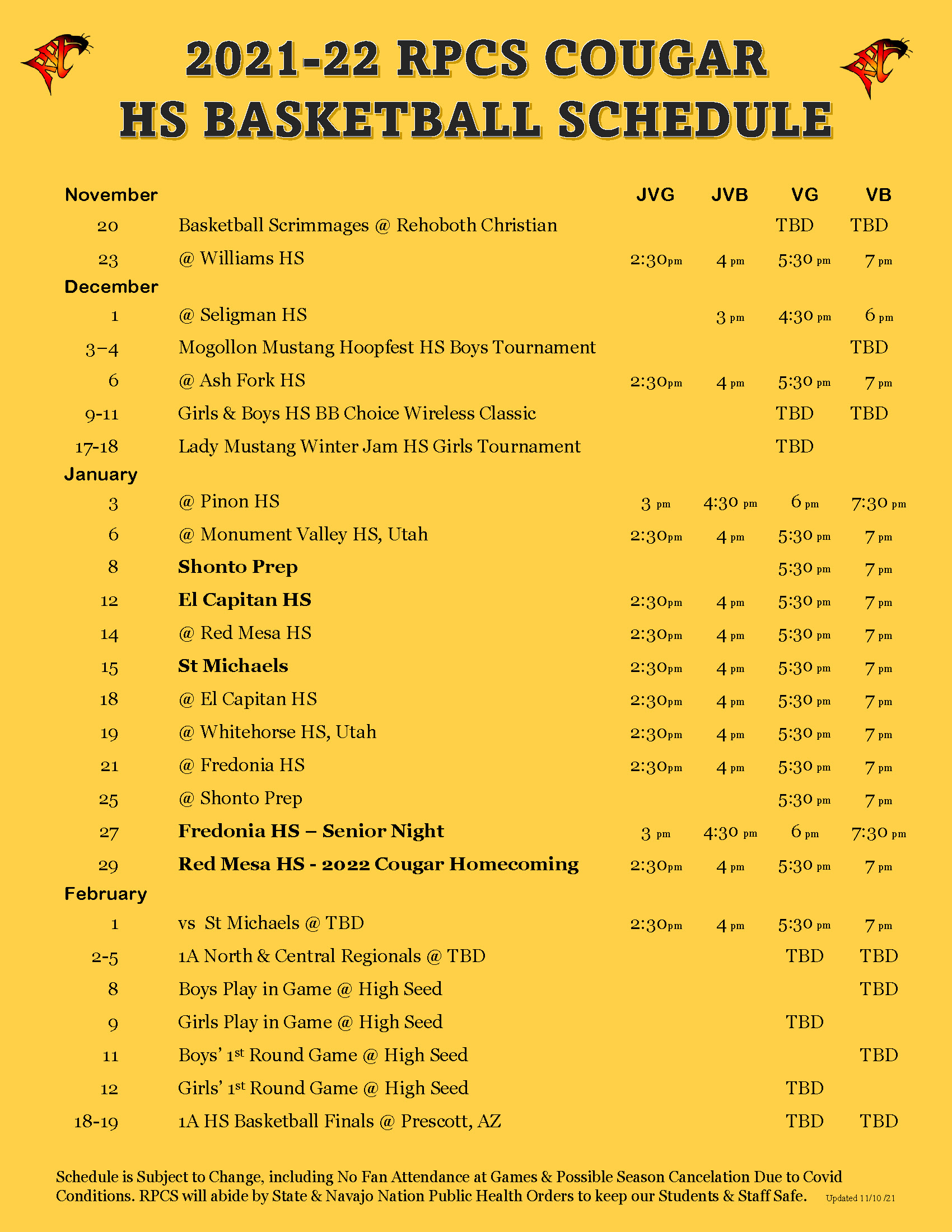 Cougar HS Basketball Schedule