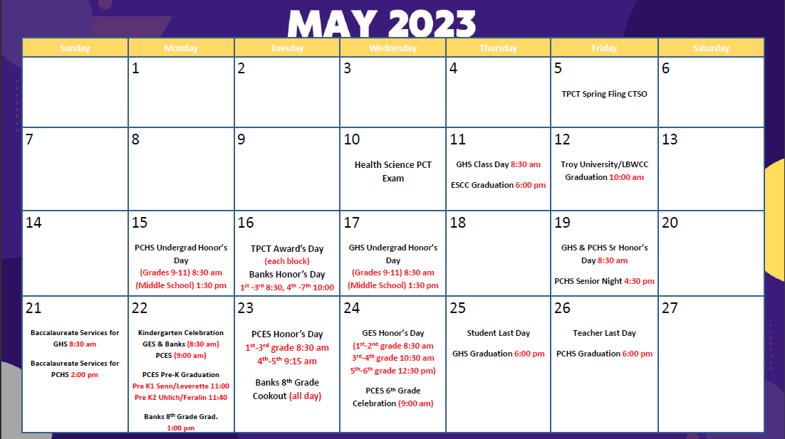 PCS May Calendar of Events