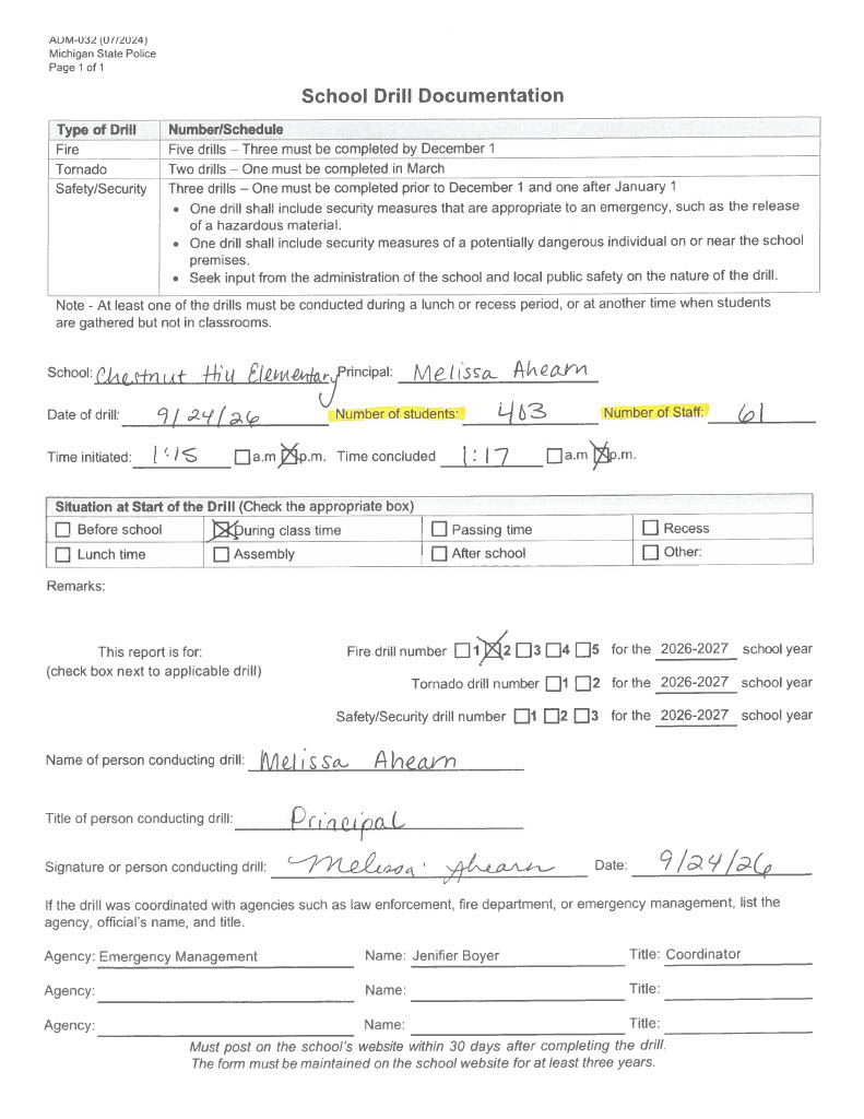 Chestnut Hill Elementary fire drill form 2026-2027